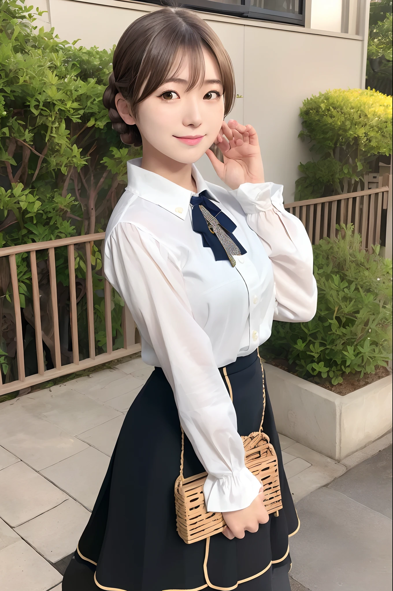 (masutepiece, Best Quality:1.2), portrait, Solo, 1girl in, Kaori Sakuramori, detailed face, Smile, Looking at Viewer, hand on own face, braid, Ahoge, frilld, Shirt, Long sleeves, Black skirt, high waist skirt