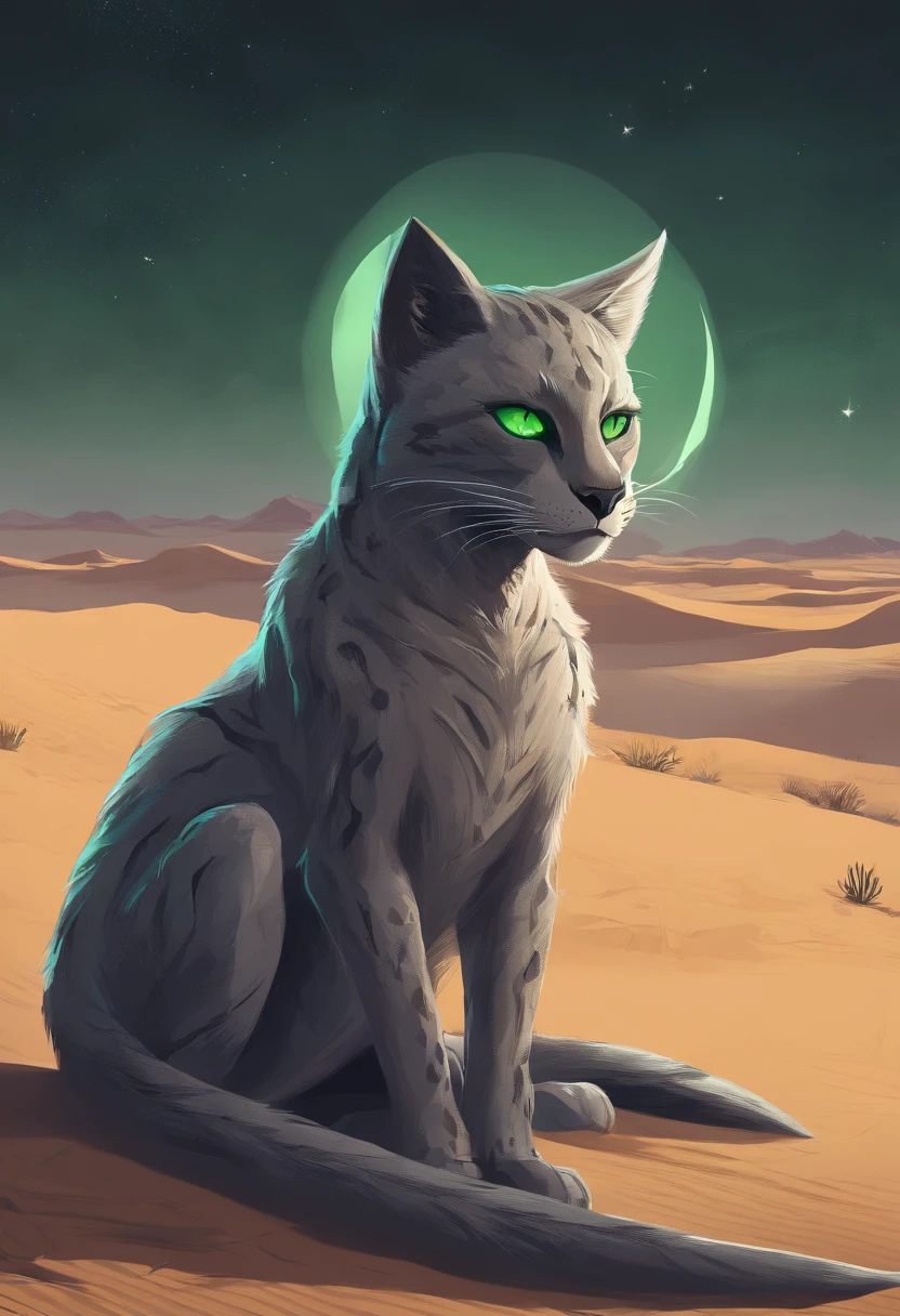 Illustrate a gray Khajiit with green eyes in a moment of contemplation in the desert dunes, with a crescent moon in the night sky.