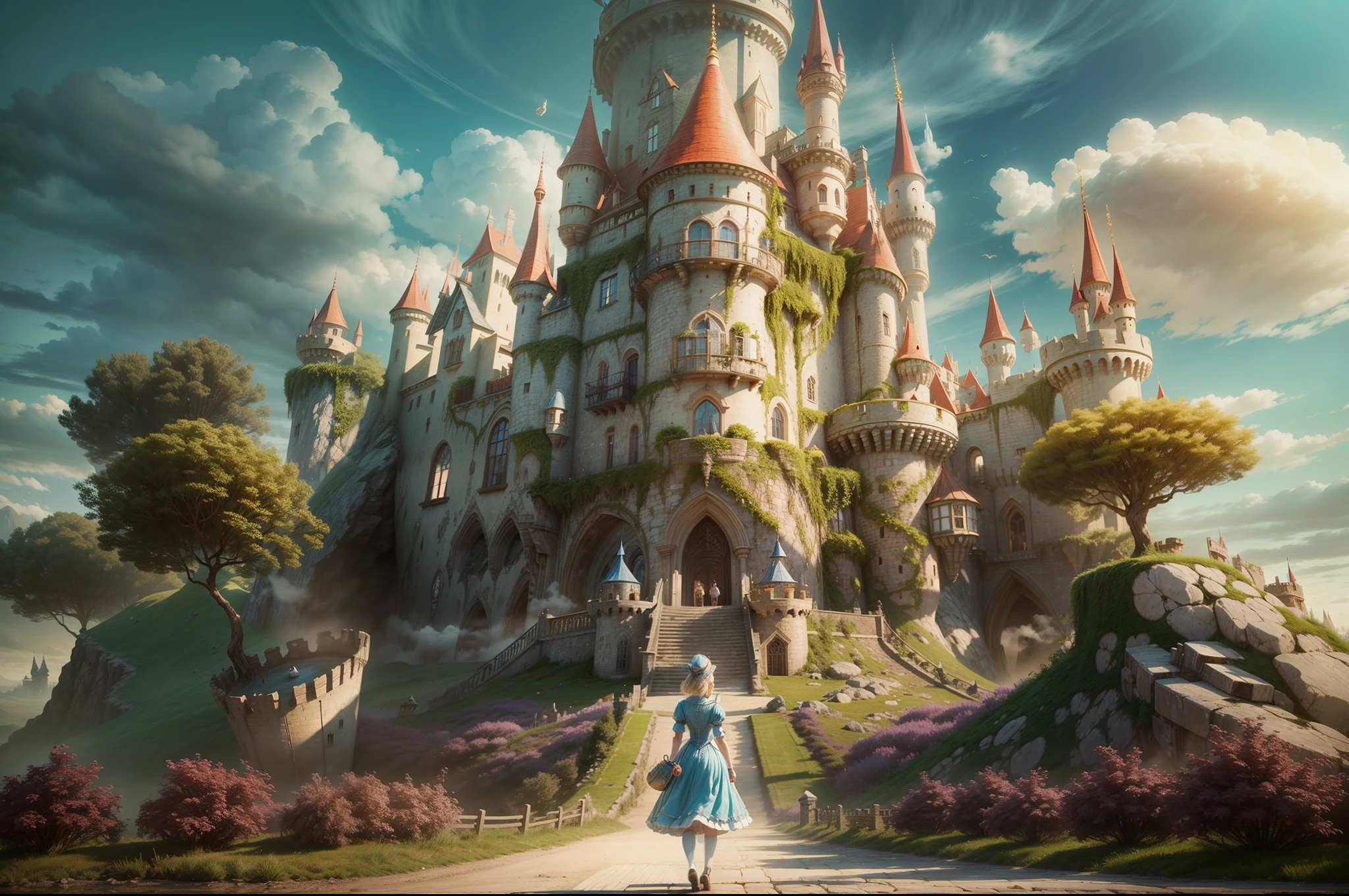 arafed view of a castle with a woman walking in front, inside her surreal vr castle, beautiful castle, beautiful render of a fairytale, like alice in wonderland, flying cloud castle, very far royal steampunk castle, photorealistic disney, magical castle, in a castle on an alien planet, alice attends mad tea party, standing near a castle, abandoned castle in the sky
