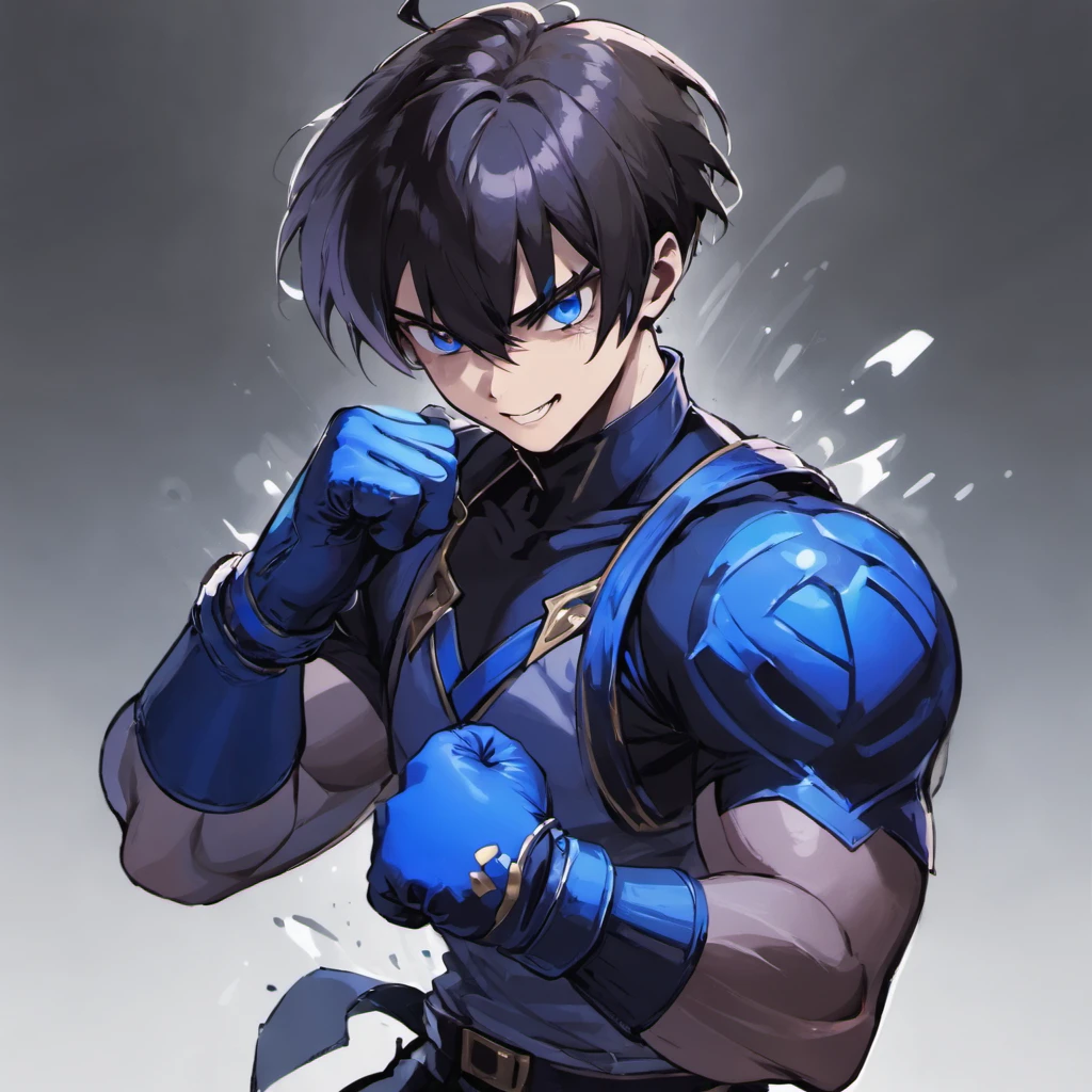 A man wearing black and blue fighting outfit,ready to fight,grin, facing away from the viewer, wearing gloves,short hair,male,anime man, absolutely stunning art, extremely detailed, highest quality digital art