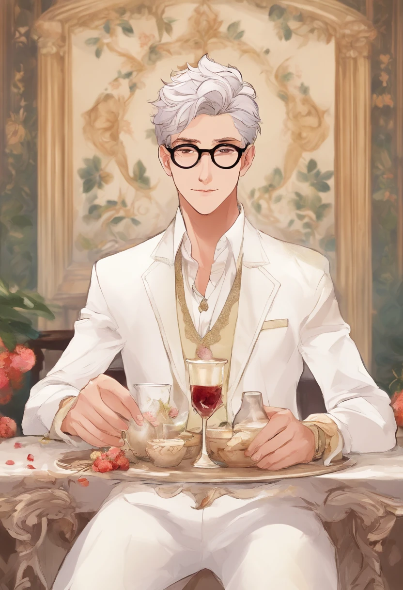 There is a man sitting at a table with plates and glasses, ele tem cerca de 20 s, ele tem cerca de 2 0 anoe idade, wearing white suit and glasses, delicate androgynous prince, suave em _ Chic Restaurant Background in France, ele tem cerca de 2 5 anos ddade, Estilo Zigor Samaniego, Rick Dai, Beautiful androgynous prince, em roupas brancas
