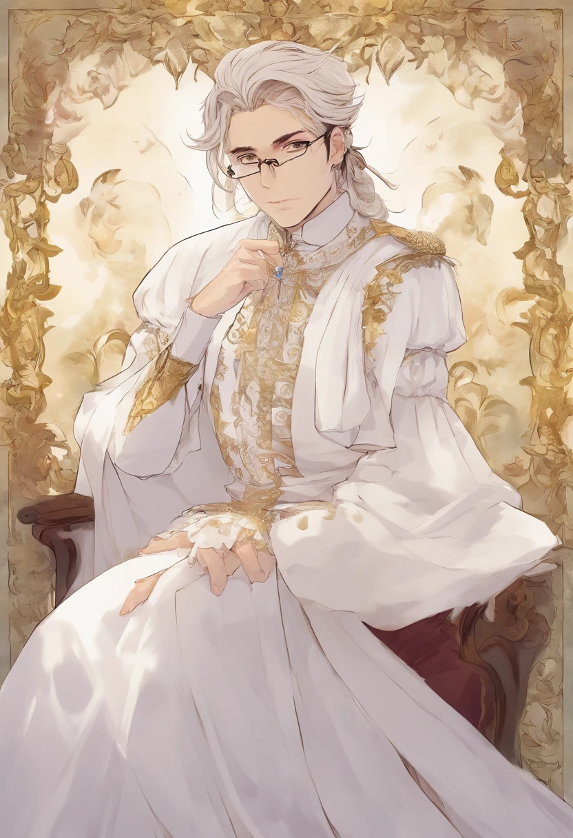 There is a man sitting at a table with plates and glasses, ele tem cerca de 20 anos, ele tem cerca de 2 0 anos de idade, wearing white suit and glasses, delicate androgynous prince, suave em _ Chic Restaurant Background in France, ele tem cerca de 2 5 anos de idade, Estilo Zigor Samaniego, Rick Dai, Beautiful androgynous prince, em roupas brancas
