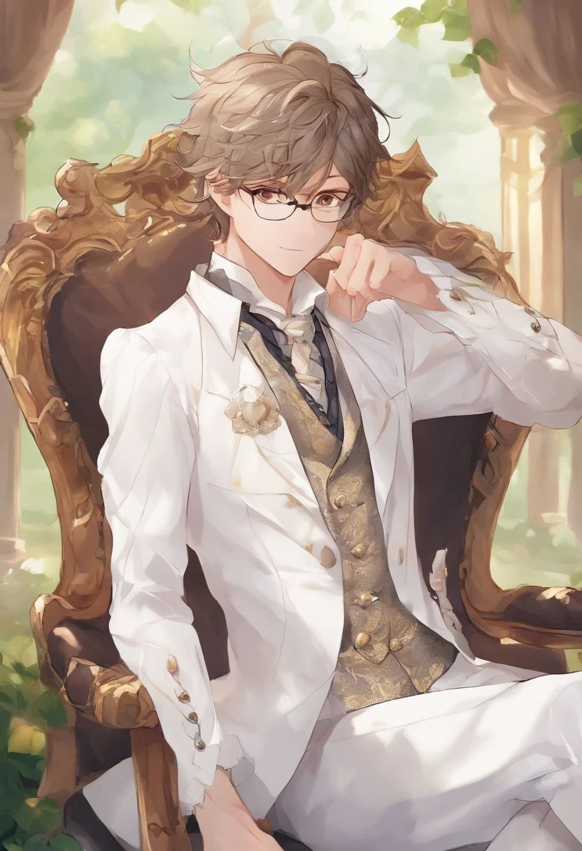 There is a man sitting at a table with plates and glasses, ele tem cerca de 20 anos, ele tem cerca de 2 0 anos de idade, wearing white suit and glasses, delicate androgynous prince, suave em _ Chic Restaurant Background in France, ele tem cerca de 2 5 anos de idade, Estilo Zigor Samaniego, Rick Dai, Beautiful androgynous prince, em roupas brancas