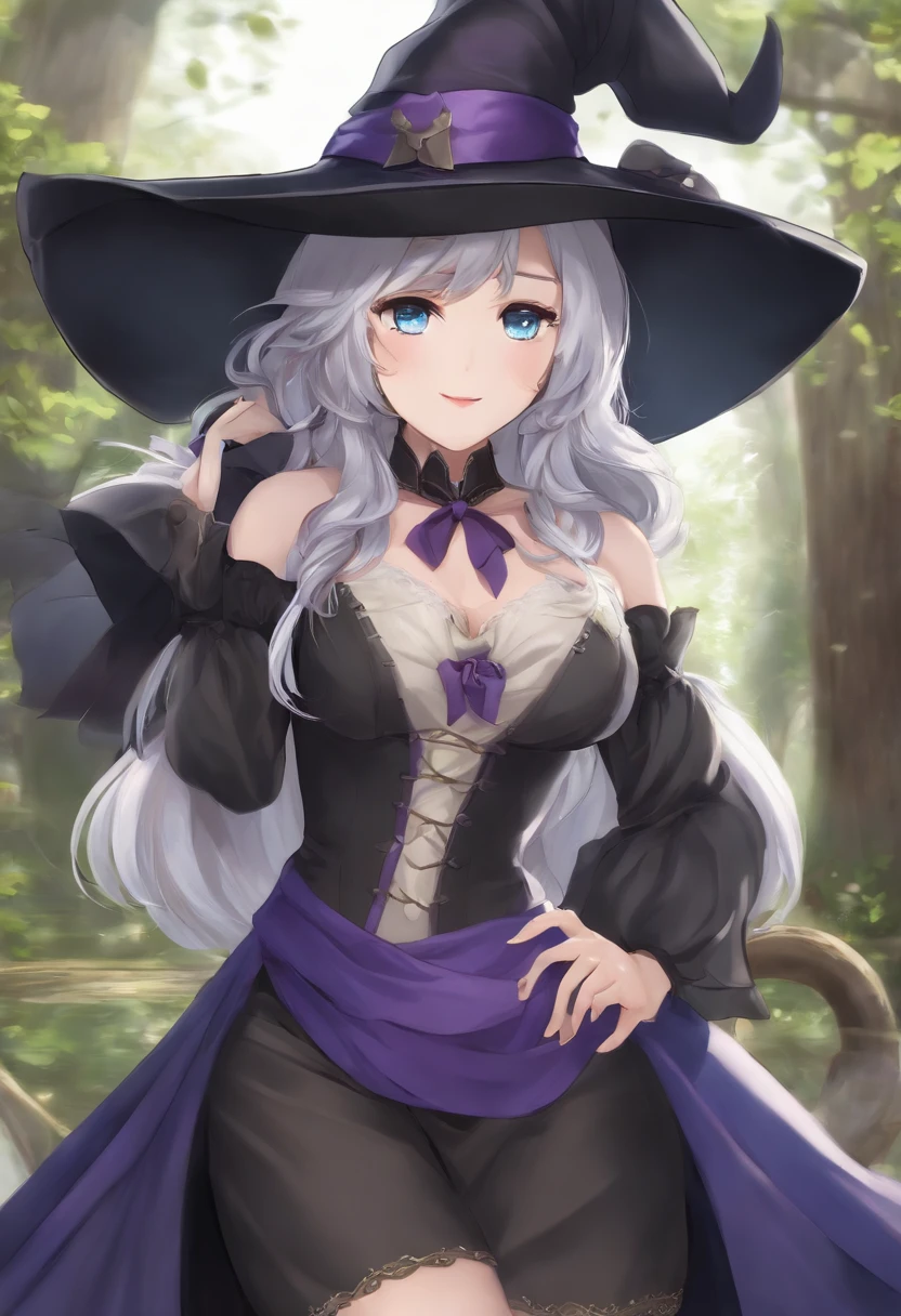 elaina_(majo_no_tabitabi), masterful, masterpiece, 4k,, 1girl, feminine, beautiful, a-cup, grey hair, big magical hat + black on the top and purple on the inside, blue eyes, white shirt, yellow ribbon, black robe,, kawaii, looking at viewer, smiling witch, background medieval Europe,