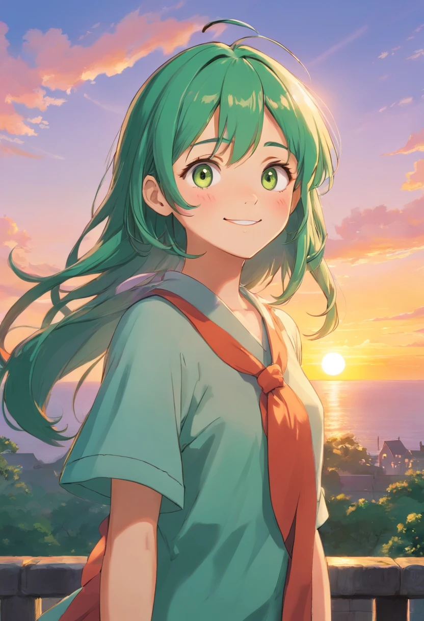 (best quality), detailed, 1 girl, alone, looking at viewer, sunset background, upper body, close-up, standing peace sign, evil smile, detailed eyes, detailed face, lovely face, cute, Fubuki, green hair, elbow out of frame