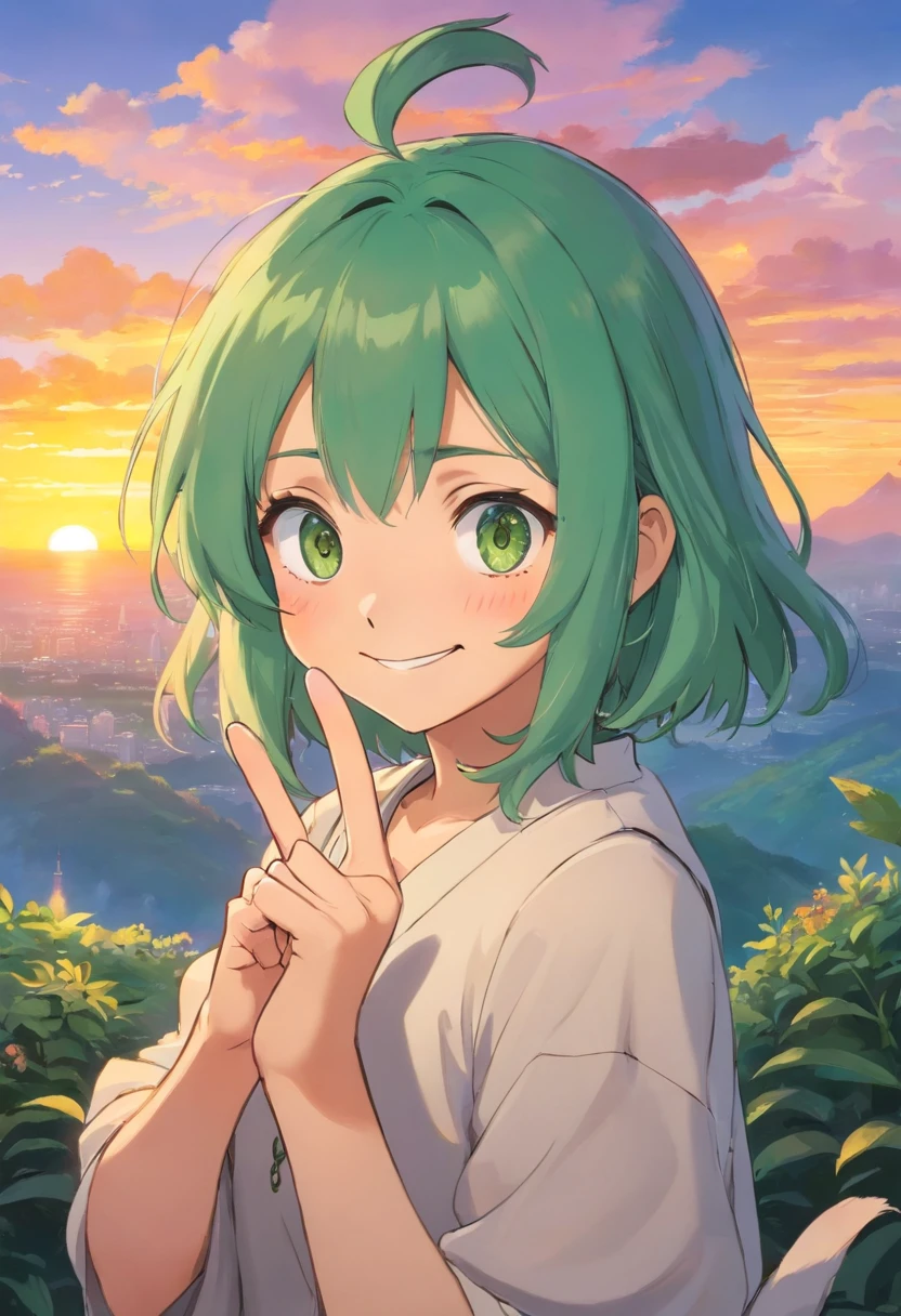 (best quality), detailed, 1 girl, alone, looking at viewer, sunset background, upper body, close-up, standing peace sign, evil smile, detailed eyes, detailed face, lovely face, cute, Fubuki, green hair, elbow out of frame