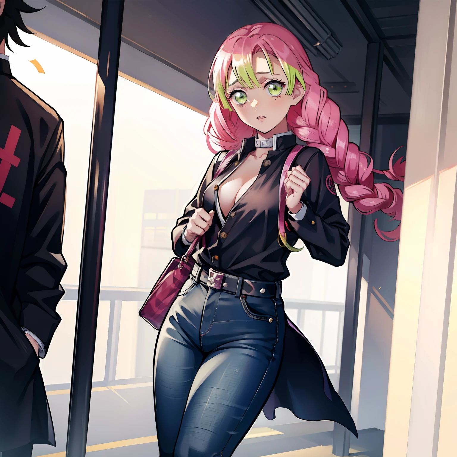 1 Girl, Mitsuri Kanroji ( Kimetsu no Yaiba) , tight Jeans, Black anBlack Shirt, Holding Bag , inside a Train, Standing,