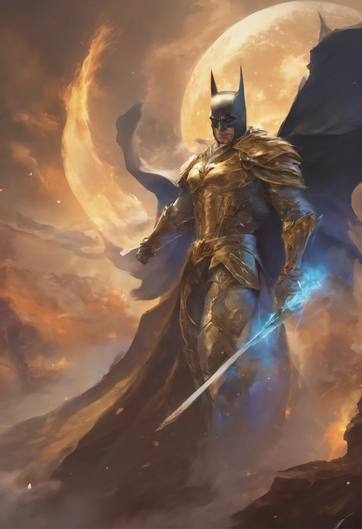 (CG extremamente detalhado e realista, master part, best quality, ultra-detalhado) Batman em traje dourado e branco, (best ilumination, melhor sombra, um extremamente delicado e bonito), Dynamic angle, cinematic atmospheric, mechnical, smoke billowing, vapor, cores vibrantes.