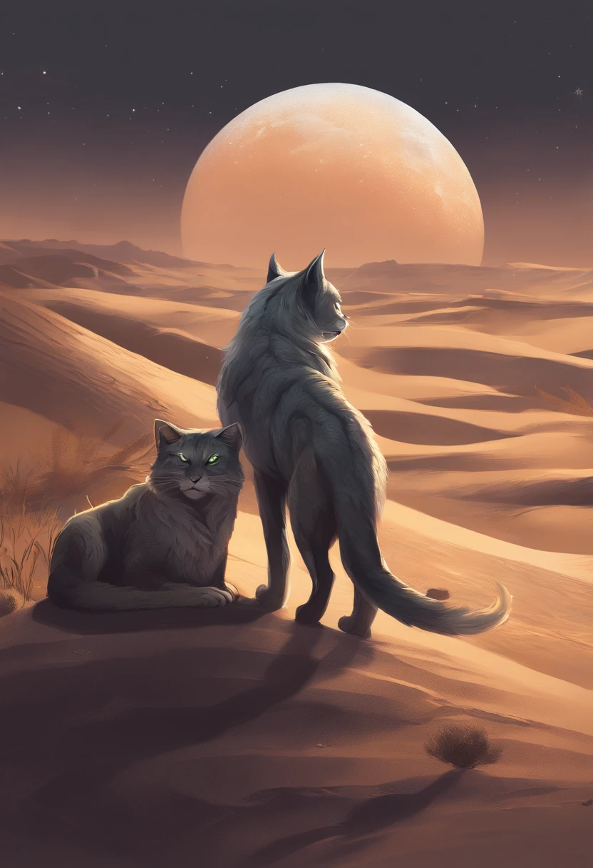 (best quality,highres,masterpiece:1.2),illustrate,a gray Khajiit with green eyes,in a moment of contemplation,in the desert dunes,under a crescent moon in the night sky,portraits,detailed fur texture,dynamic lighting,expressive composition,vivid colors,realistic sand,ethereal atmosphere