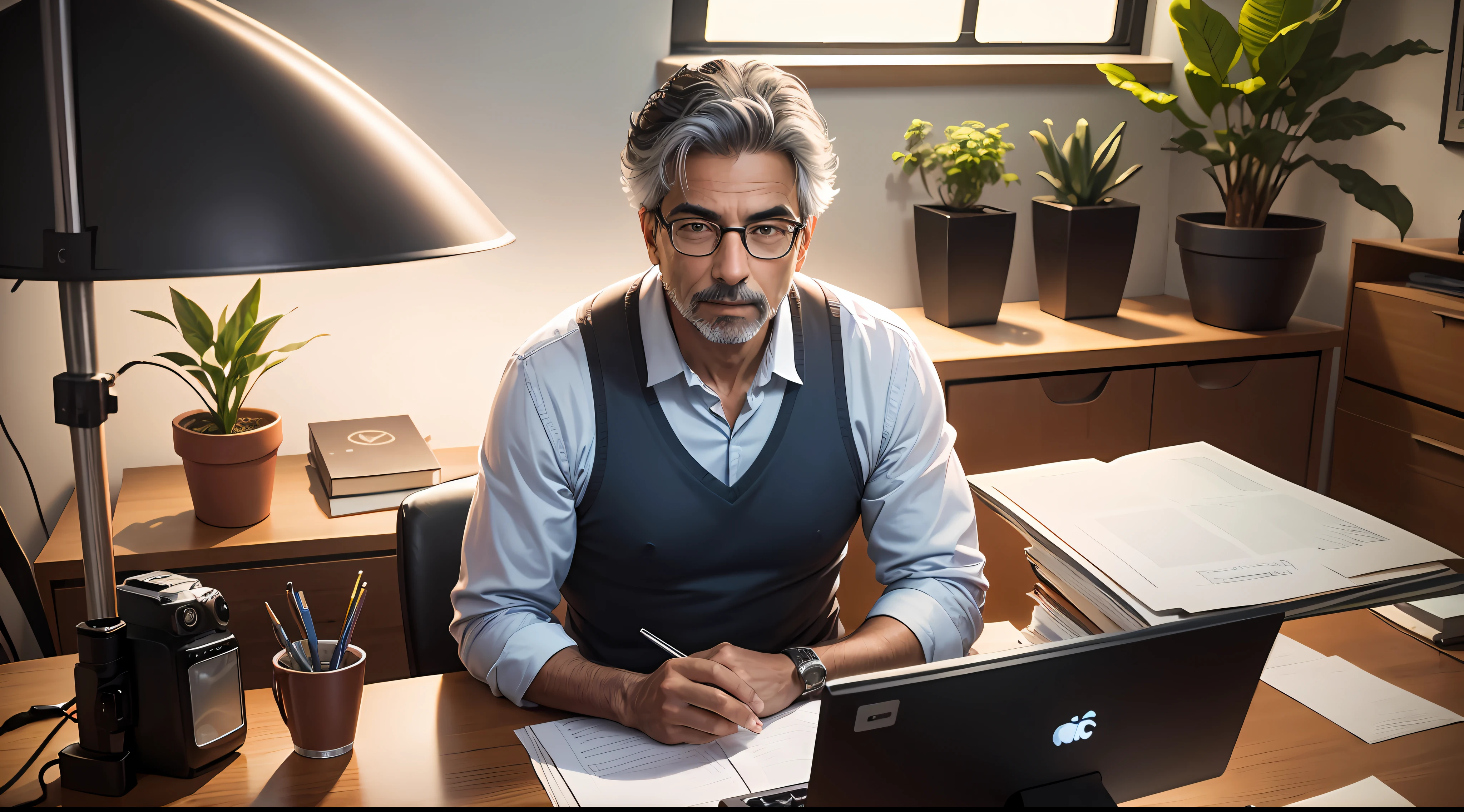 male philosopher, 50 anos, Latino, looking at the camera sitting behind an office desk, ao fundo uma estante com livros e algumas plantas decorativas, poster, Camera, Photo Session, studio lighting, circunstanciado, ju, Very high detail, 4k, ultra realistic
