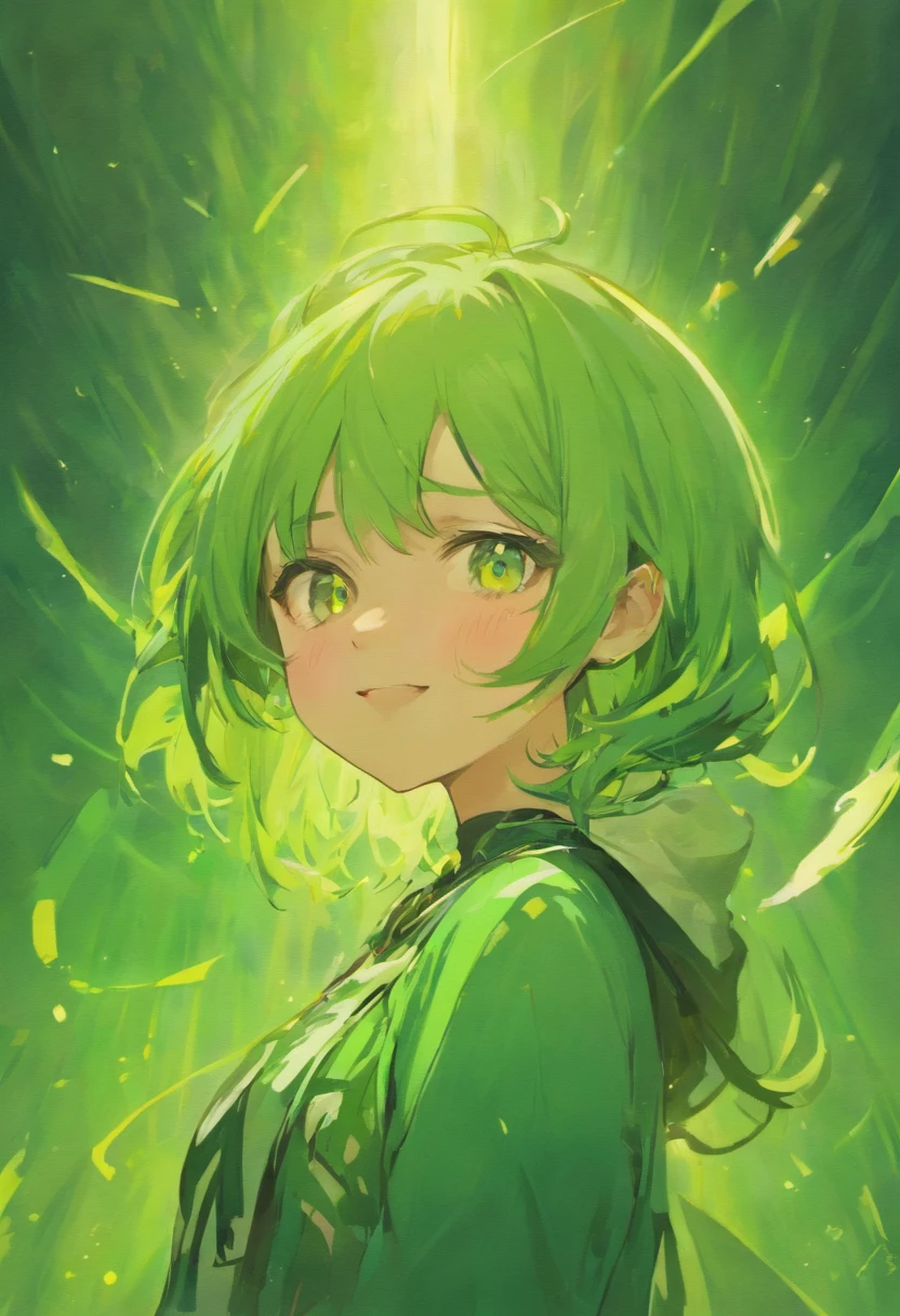 (best quality), detailed, 1 girl, alone, looking at viewer, sunset background, upper body, close-up, standing peace sign, evil smile, detailed eyes, detailed face, lovely face, cute, Fubuki, green hair, elbow out of frame