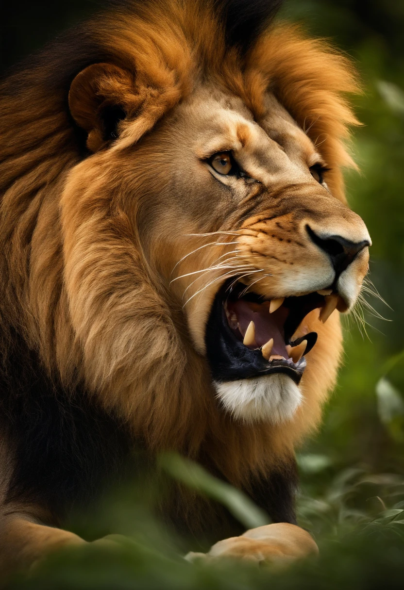 RAW photo, a close up portrait of a majestic lion roaring, back ground is the african jungle, the lion looks dominant and assertive