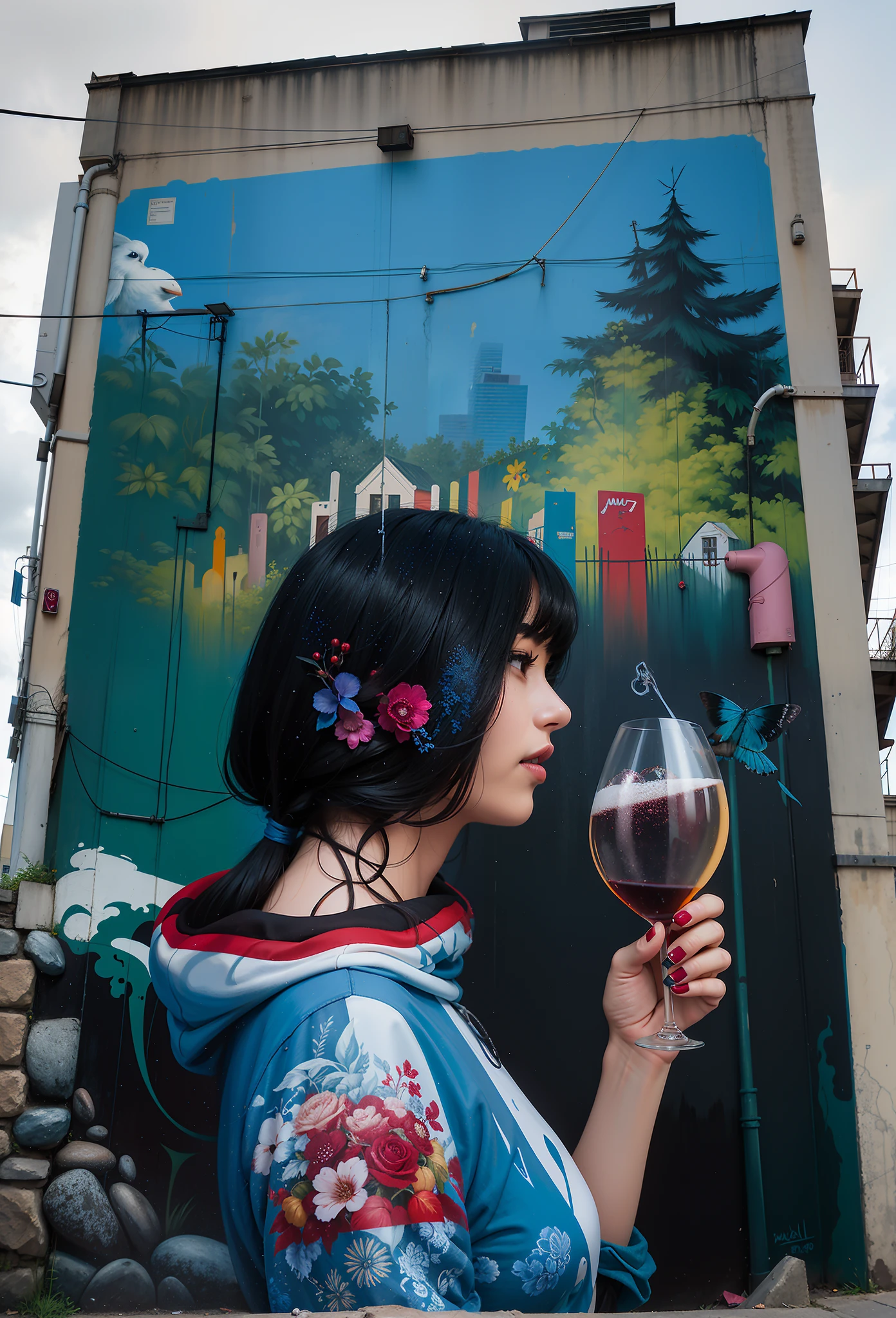 there is a woman holding a glass of wine in front of a mural, alexey egorov, anime style mixed with fujifilm, sergey zabelin, alena aenami and artgerm, tokyo mural, shot on leica sl2, color ( sony a 7 r iv, by Jin Nong, she holds a glass of wine, painted on a giant wall, HQ, HD, UHD, Original size