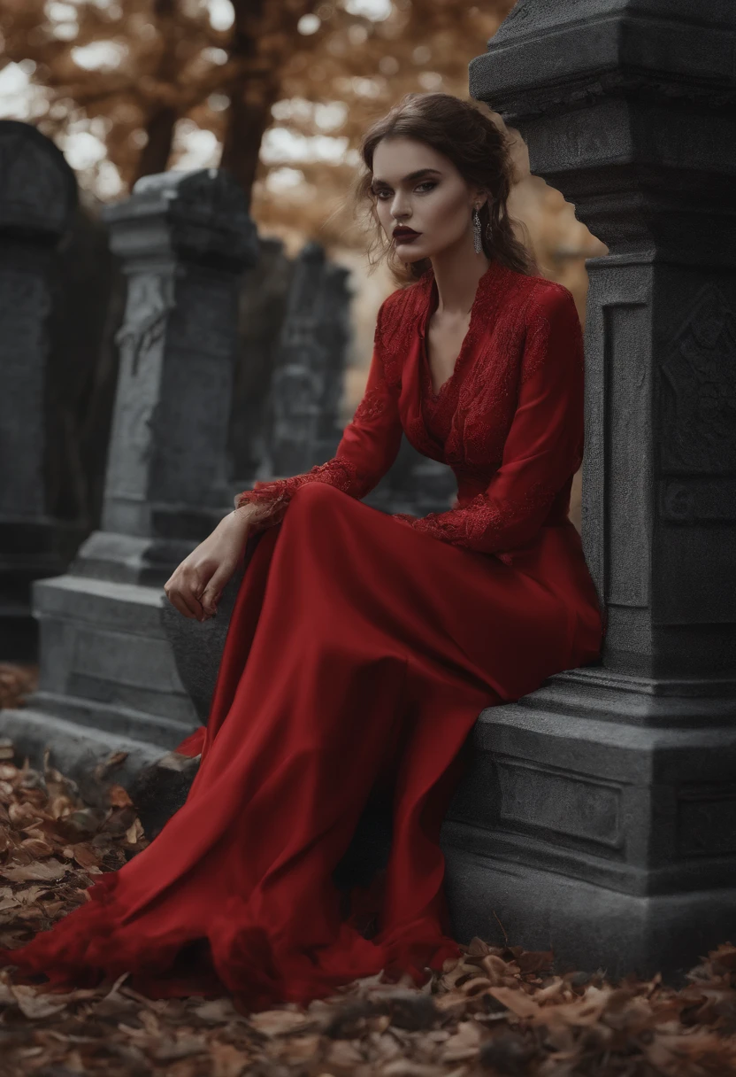 Woman sitting in a cemetery with long red clothing, fundo assustador noites lua de sangue  , wow kodak