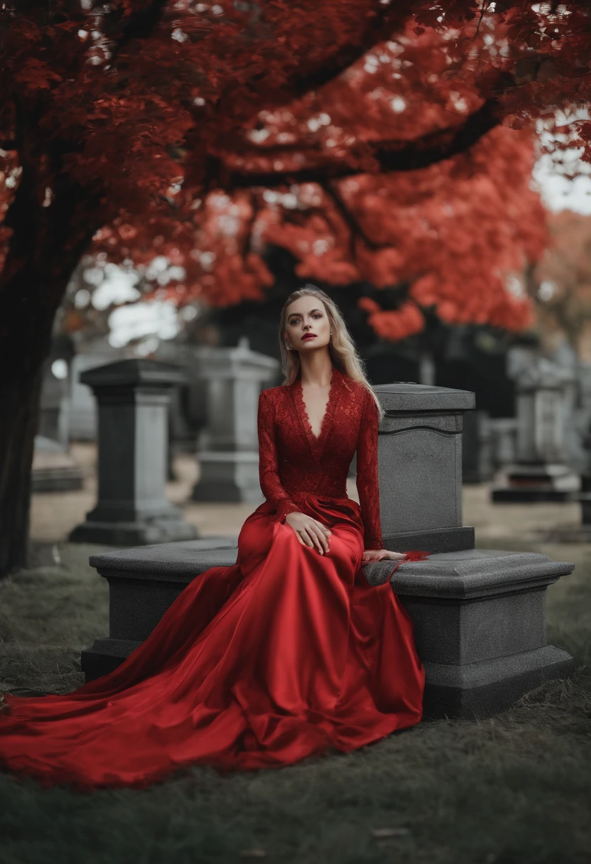 Woman sitting in a cemetery with long red clothing, fundo assustador noites lua de sangue  , wow kodak