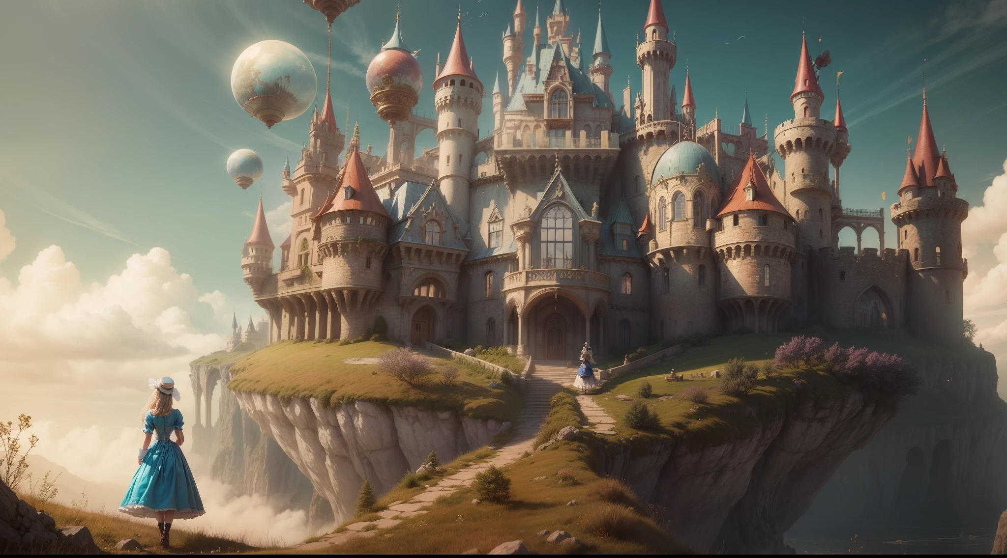 arafed view of a castle with a woman walking in front, inside her surreal vr castle, beautiful castle, beautiful render of a fairytale, like alice in wonderland, flying cloud castle, very far royal steampunk castle, photorealistic disney, magical castle, in a castle on an alien planet, alice attends mad tea party, standing near a castle, abandoned castle in the sky