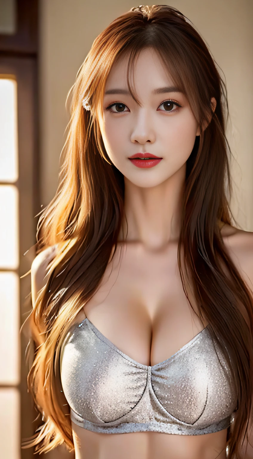 top-quality。8K-Picture。Ultra-high pixel。The background is the sea。(Hair has a long silver wavy shape),。Overall delicate quality(Style is slender super busty woman,amazingly massive breasts:1.9)。Close to the perfect woman。legs are long、thin waist。Shot in colorful bikini。face is、clear double eyelids。lofty nose。sexy lip。The contours are slim、Longer。(thinly tanned skin)。(Slender Giant Beauty)。One more thing、Small Devil。A woman with a cute but suspicious inner world。