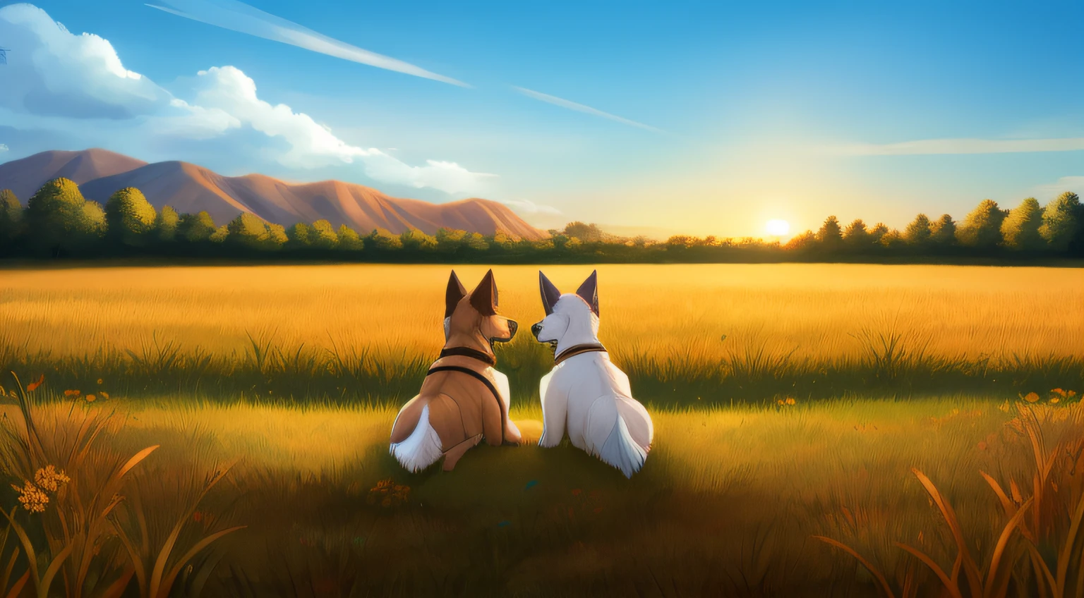 field full of dogs with view on the sky