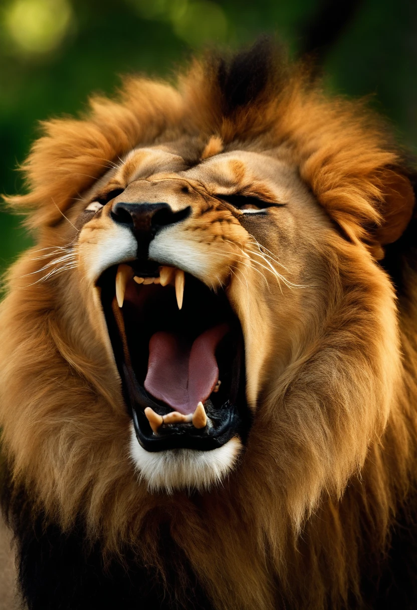 RAW photo, a close up portrait of a majestic lion roaring, back ground is the african jungle, the lion looks dominant and assertive