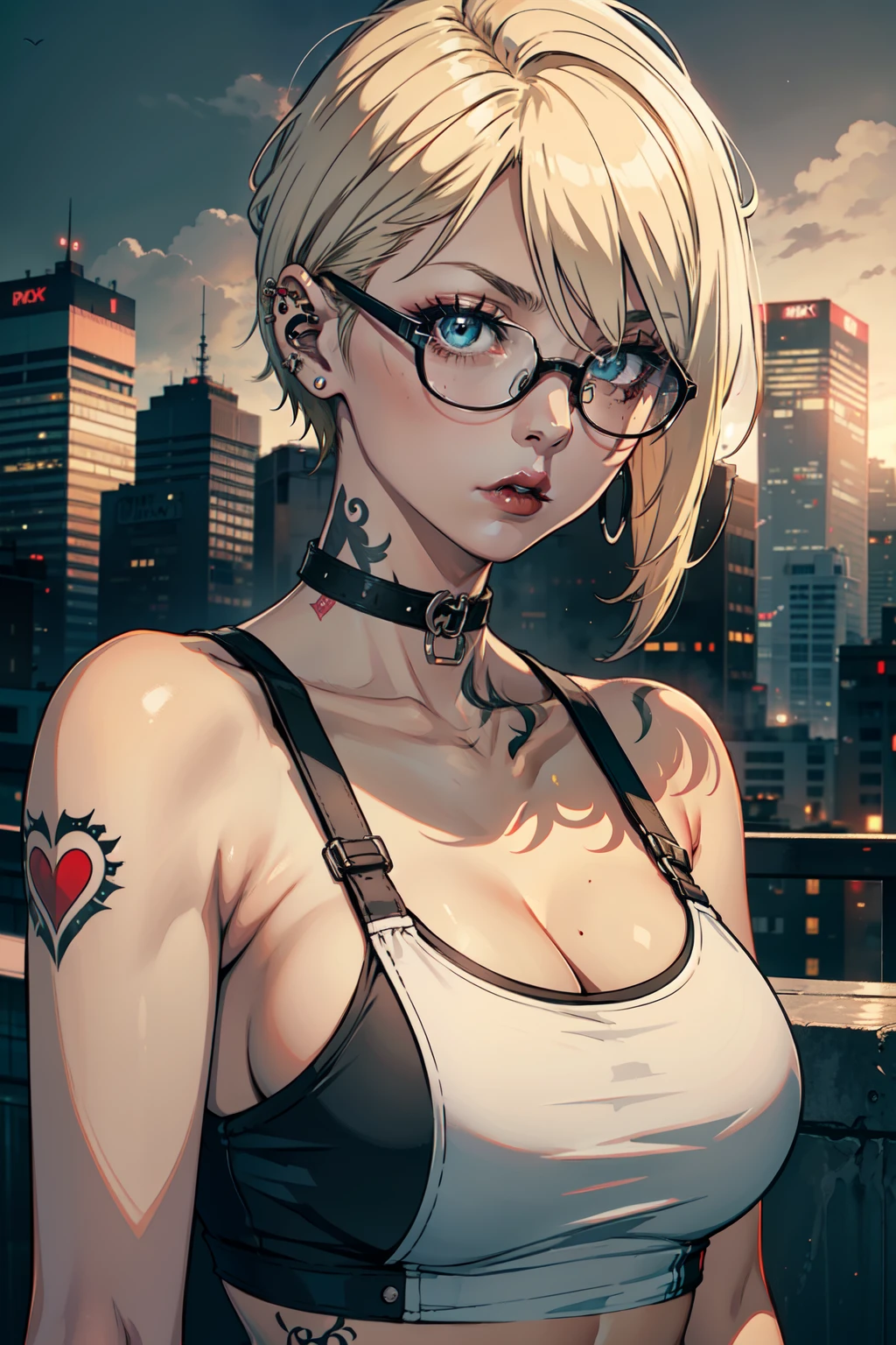 young woman, tank top white shirt, red moon tattoo, right arm tattoed, wearing glasses, blond hair, riley nixon haircut, black lipstick, piercings in face, on a skyscrapper, looking at viewer, storm city, 4k