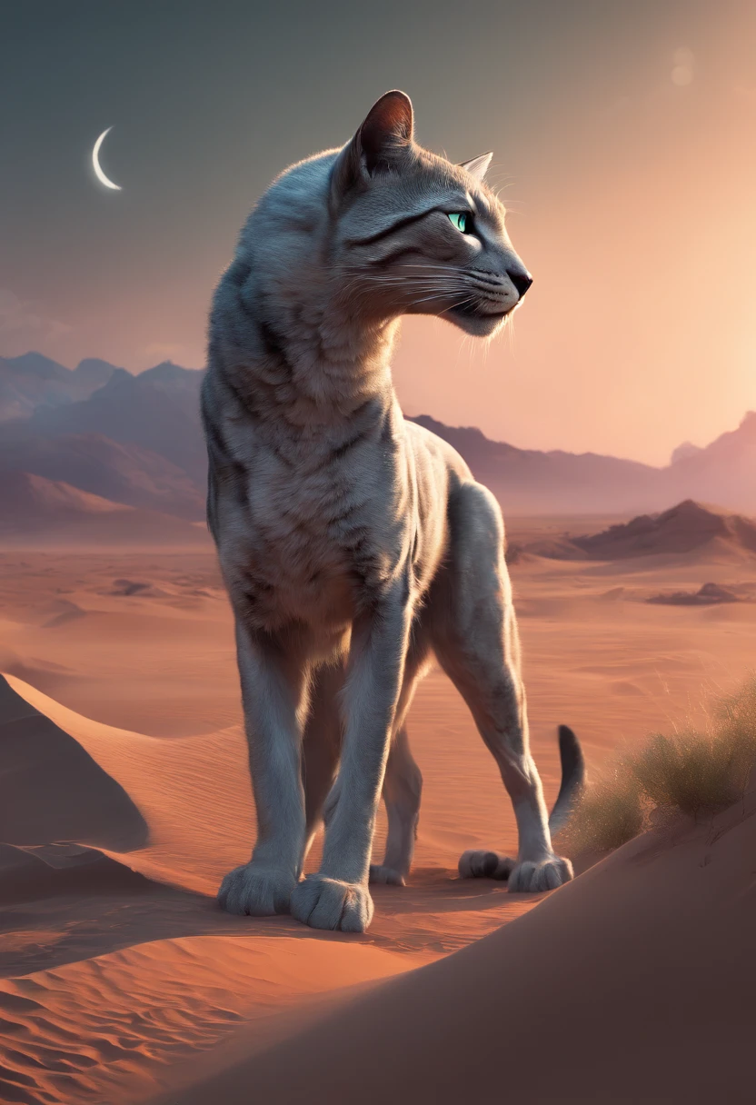 (best quality,4k,8k,highres,masterpiece:1.2),ultra-detailed,(realistic,photorealistic,photo-realistic:1.37),gray Khajiit from Skyrim with green eyes in a moment of contemplation on the desert dunes, with a crescent moon in the night sky,illustration,portraits,vivid colors,sand texture,sunset lighting,moonlight