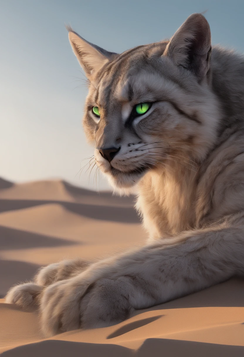 (best quality,4k,8k,highres,masterpiece:1.2),ultra-detailed,(realistic,photorealistic,photo-realistic:1.37),gray Khajiit from Skyrim with green eyes in a moment of contemplation on the desert dunes, with a crescent moon in the night sky,illustration,portraits,vivid colors,sand texture,sunset lighting,moonlight