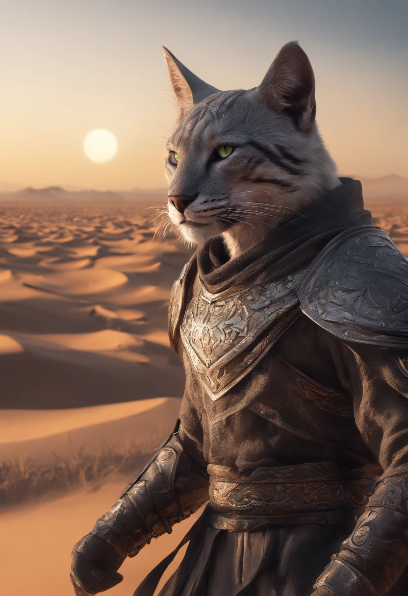 (best quality,4k,8k,highres,masterpiece:1.2),ultra-detailed,(realistic,photorealistic,photo-realistic:1.37),gray Khajiit from Skyrim with green eyes in a moment of contemplation on the desert dunes, with a crescent moon in the night sky,illustration,portraits,vivid colors,sand texture,sunset lighting,moonlight