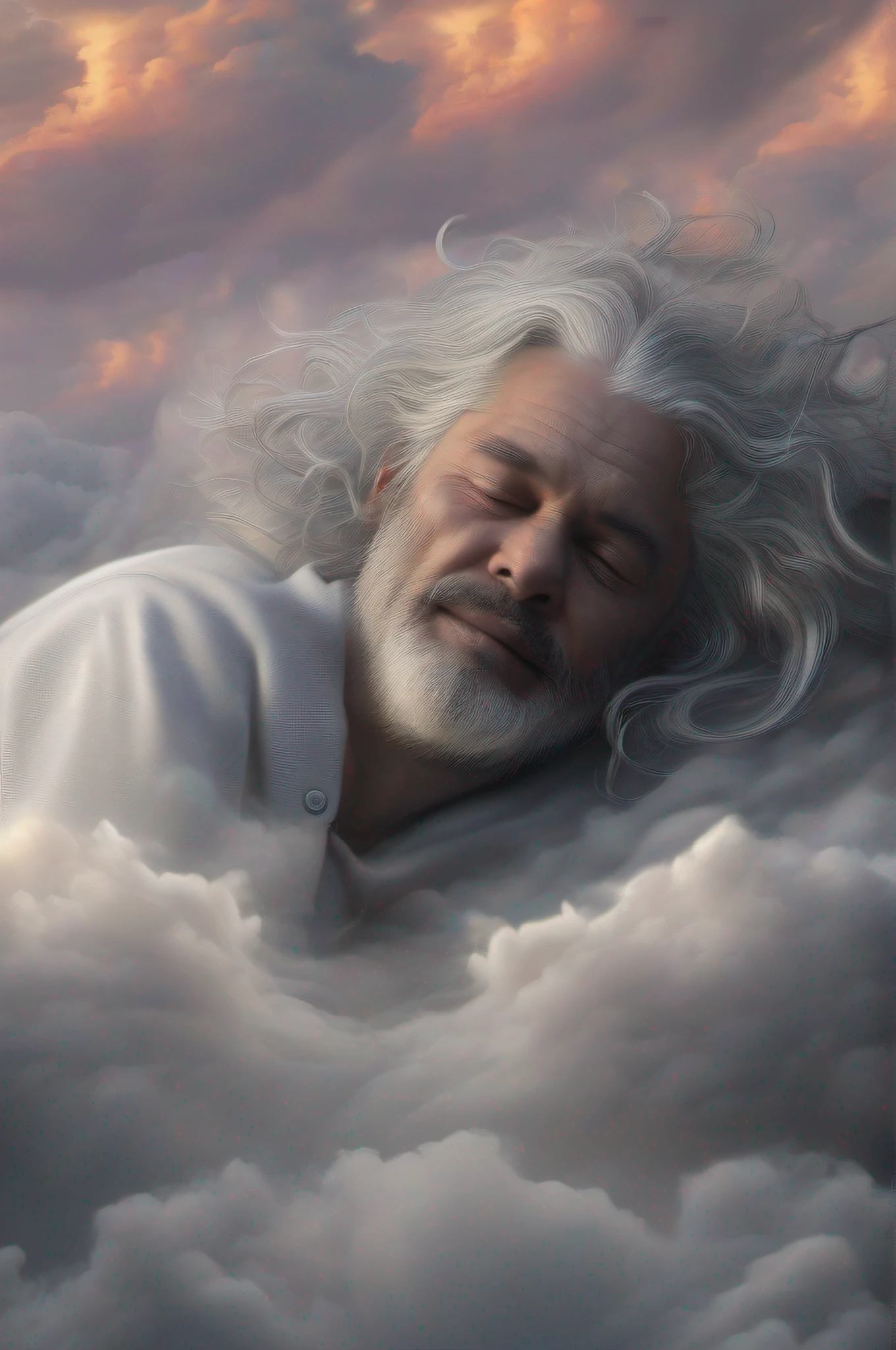demonic character in heaven sleeping fluffy clouds, sunset, soft body, flowing hair, award-winning painting with incredible details, shadow play, top view, light, mist, moody, glossy silver hair, bold, vivid, cinematic, film light, hyper detailed, hyper realistic, masterpiece, atmospheric, high resolution, vibrant, high contrast, art by Koos Roos, 8k, HDR, 500px