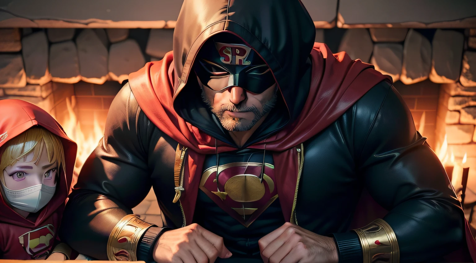 "(((anime, Secret Super Dad))) ordinary children around a fireplace listening to the stories told by the Secret Super Dad who is wearing a hood, mask covering his eyes and a red cape, uniform with "π" symbol “P "chest height,(sinematographic lighting), (Stunning 8K quality)"
