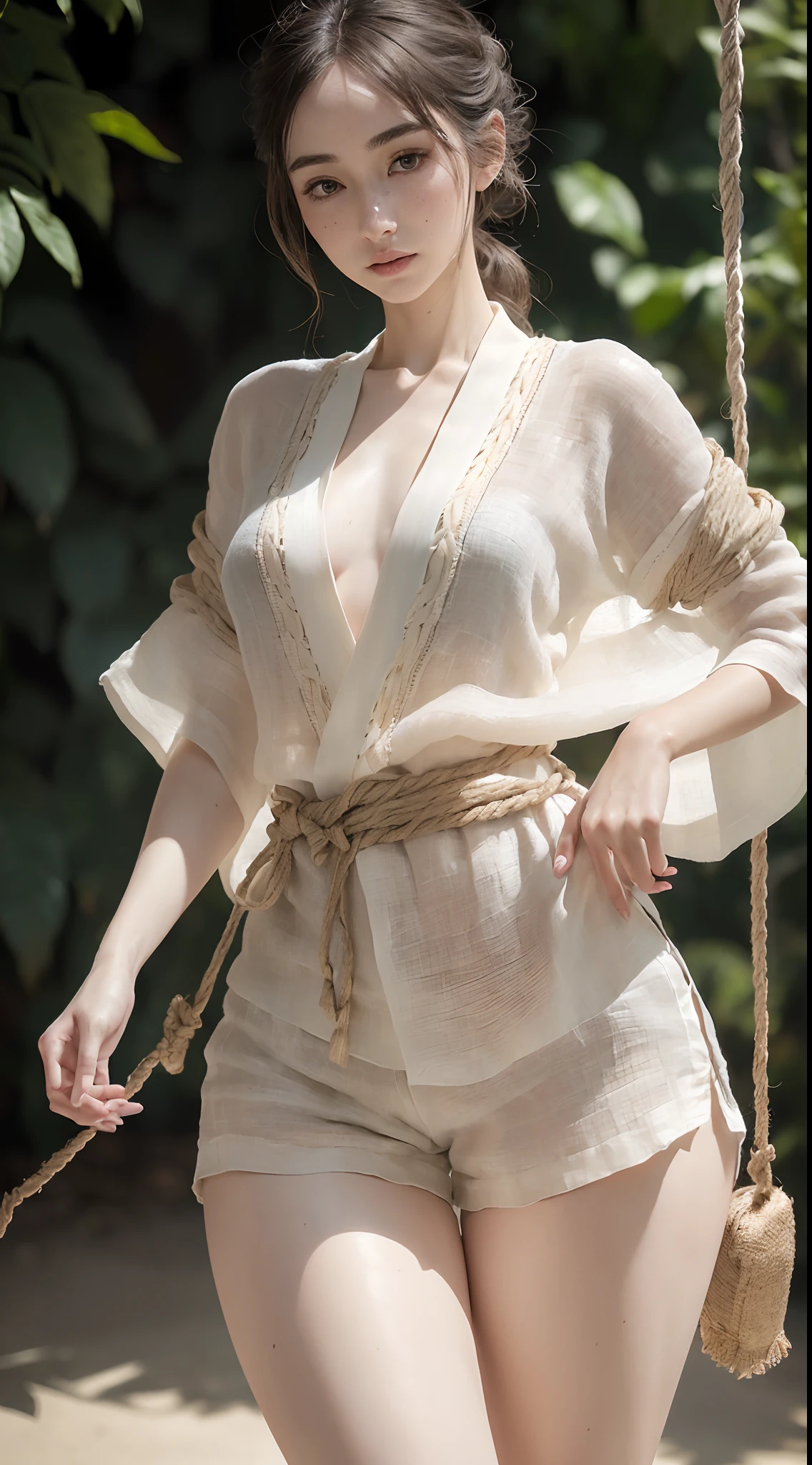 Manwa,dynamic pose, 1girl,pale skin,delicate face,moles,intricate details,kimono,rope belt,(linen shorts with open sides:1.3),small waist,(wide thigh gap:1.3,thick thighs:1.3),white background,(best quality:1.2,ultra-detailed,realistic:1.37),portrait,soft colors,polished lighting