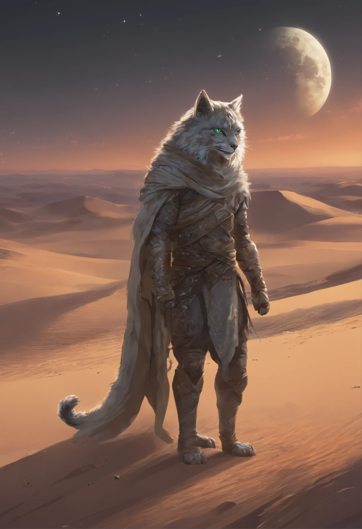 (best quality,highres,masterpiece:1.2),illustrate,a gray Khajiit with green eyes,in a moment of contemplation,in the desert dunes,under a crescent moon in the night sky,portraits,detailed fur texture,dynamic lighting,expressive composition,vivid colors,realistic sand,ethereal atmosphere