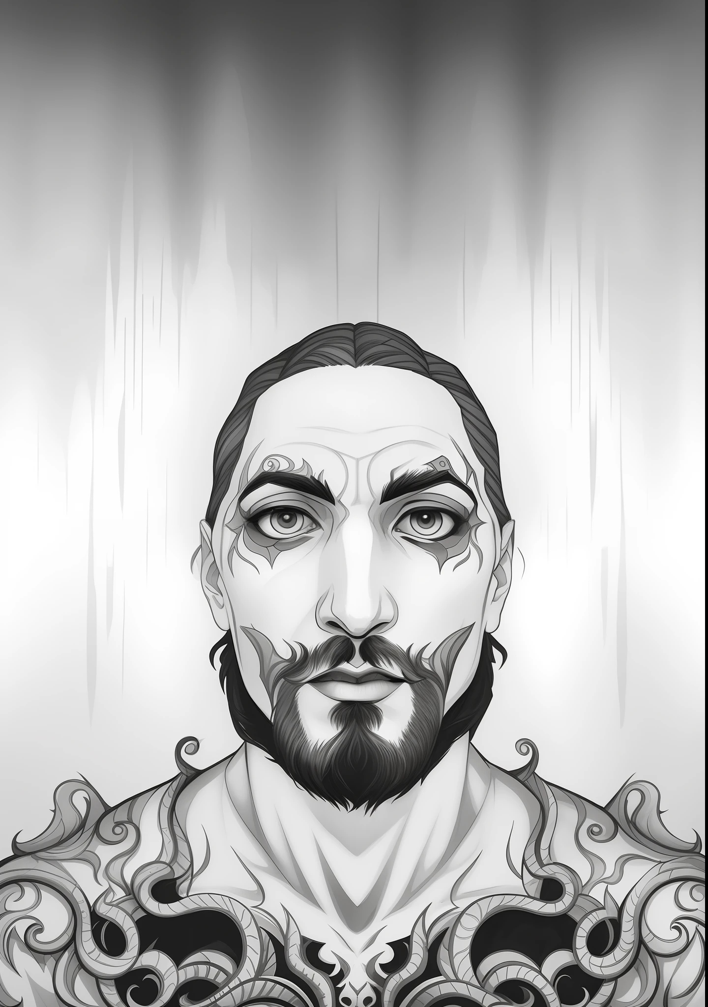 "um desenho de um vampiro com barba, fantasy rpg symmetrical portrait, inspired by Edo Murtić, simetria!! Retrato de Hades, principalmente escala de cinza, symmetrical portrait scifi, innblásinn af Ásgrími Jónssyni, portrait symetrical, inspirado em Matthias Stom, inspired by Rezső Bálint, a vampire."