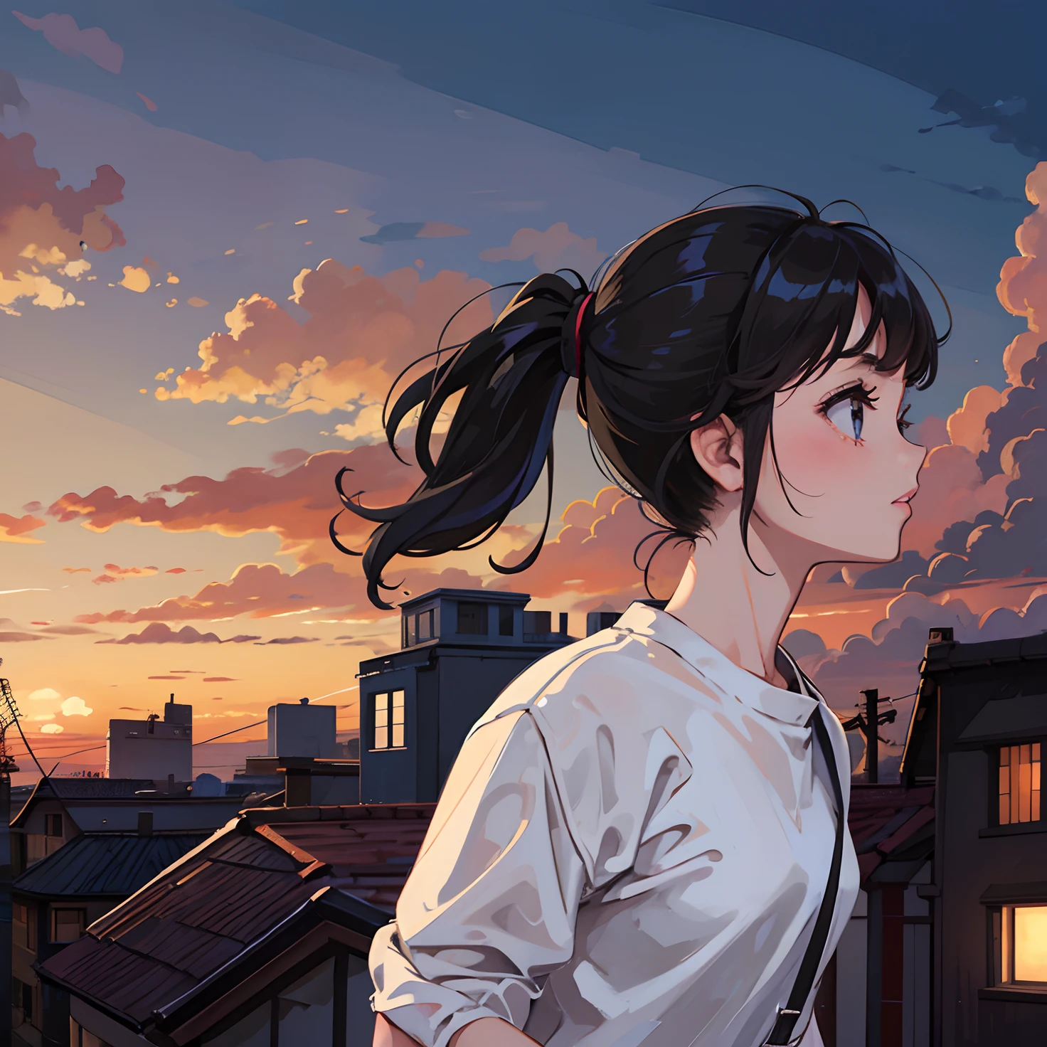 1girl, ponytail, summer sky, UFO light