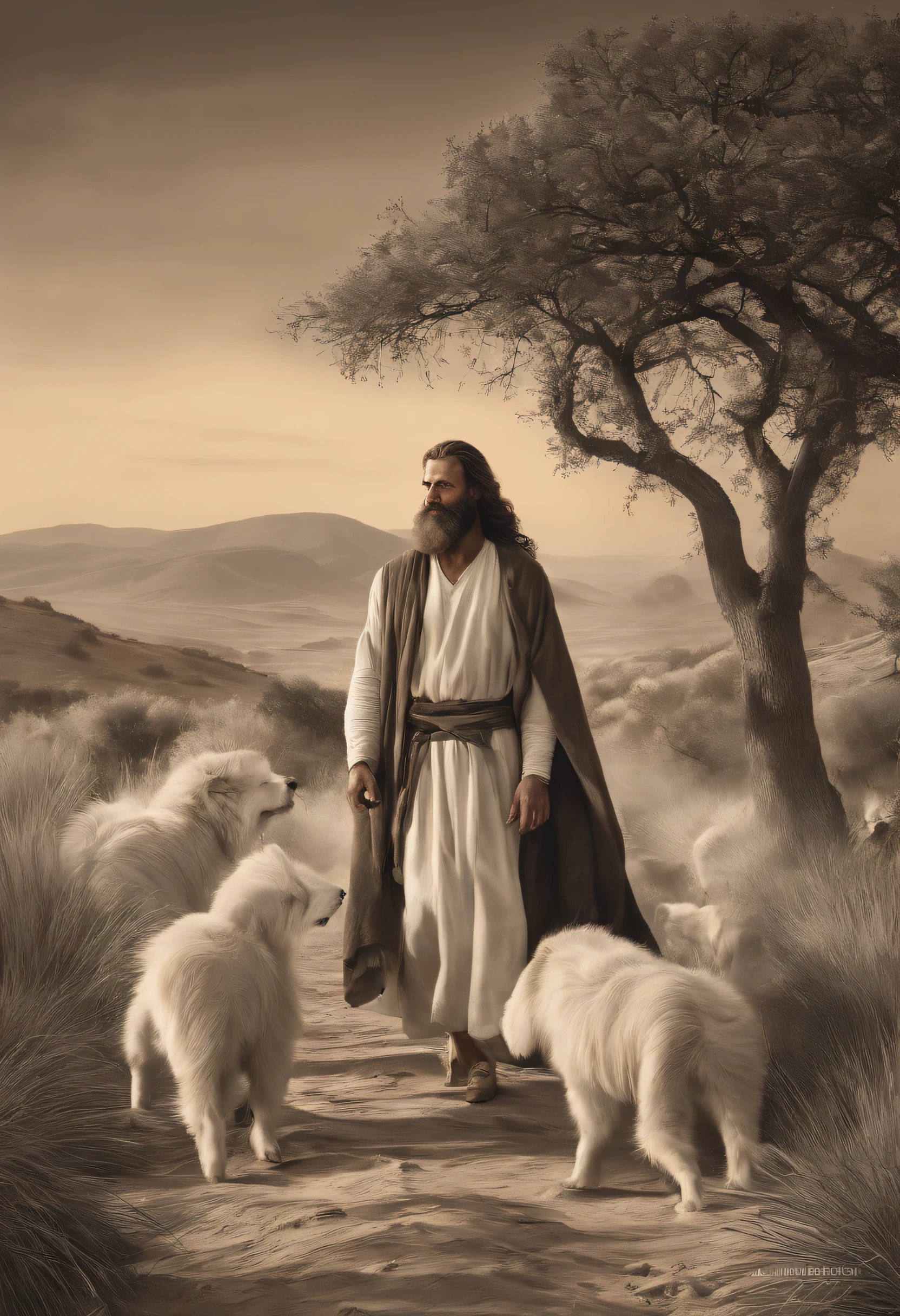 homem de barba branca comprida olhando uma carruagem passa, por Daniel Ljunggren, bible illustration, por Edwin Georgi, por Artur Tarnowski, biblical painting, jeremias, por Scott Gustafson, por Pablo Munoz Gomez, por Emile Lahner, biblical image, por Aleksander Gierymski