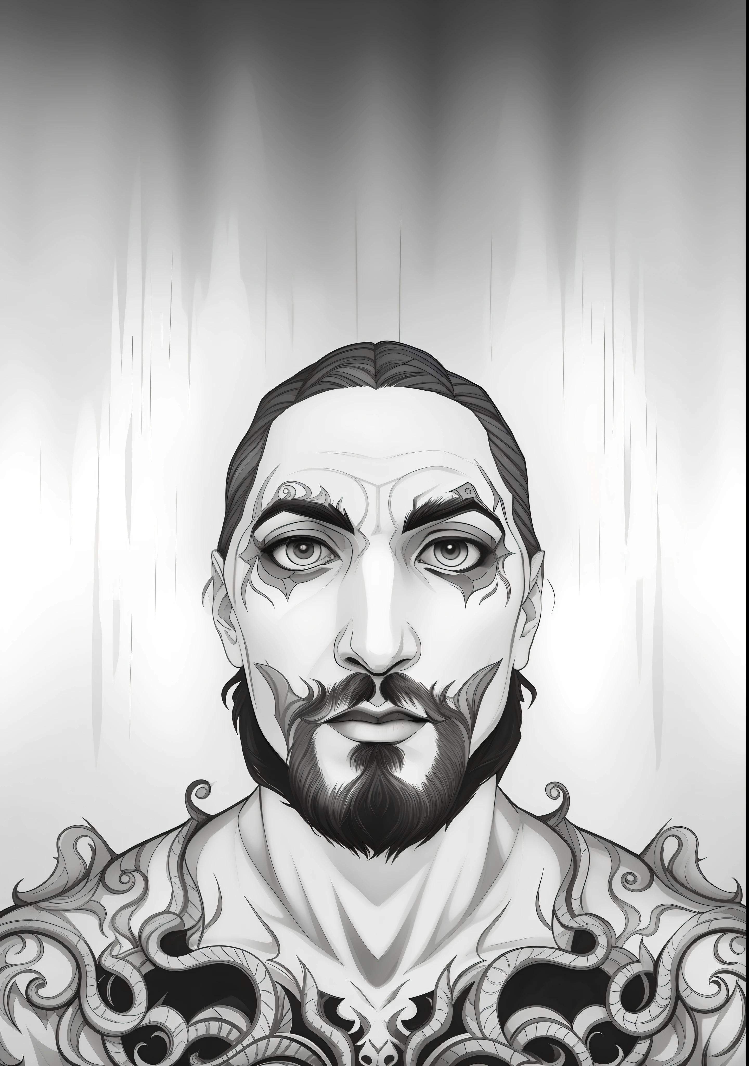 "um desenho de um vampiro com barba, fantasy rpg symmetrical portrait, inspired by Edo Murtić, simetria!! Retrato de Hades, principalmente escala de cinza, symmetrical portrait scifi, innblásinn af Ásgrími Jónssyni, portrait symetrical, inspirado em Matthias Stom, inspired by Rezső Bálint, a vampire."