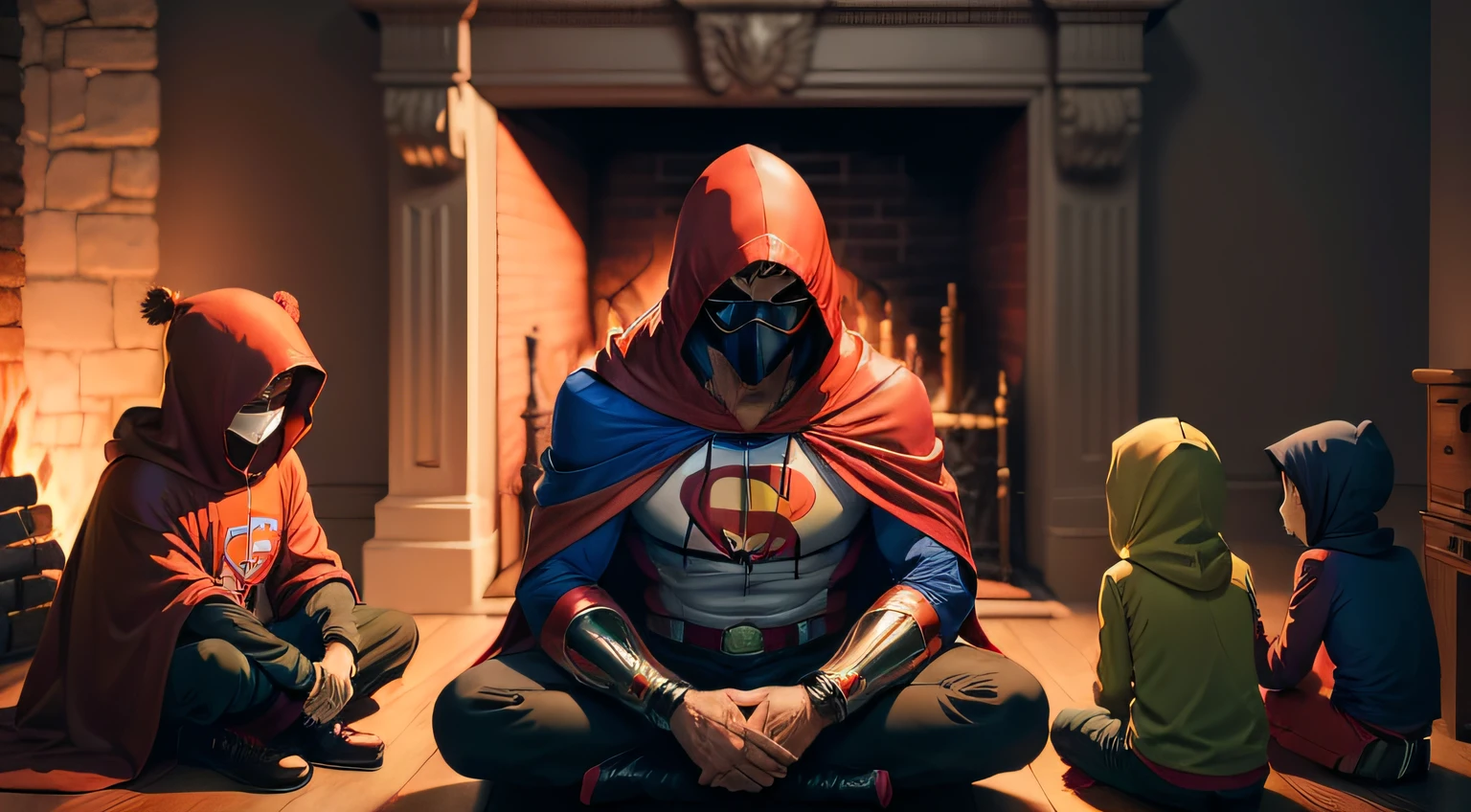 "(((anime, Secret Super Dad))) Secret Super Dad wearing a hood, mask covering his eyes and a red cape, uniform with "P" symbol "P" on the chest, sitting and telling a story to a group of children wearing normal children's clothes around a fireplace (synematographic lighting), (Stunning 8K quality)"
