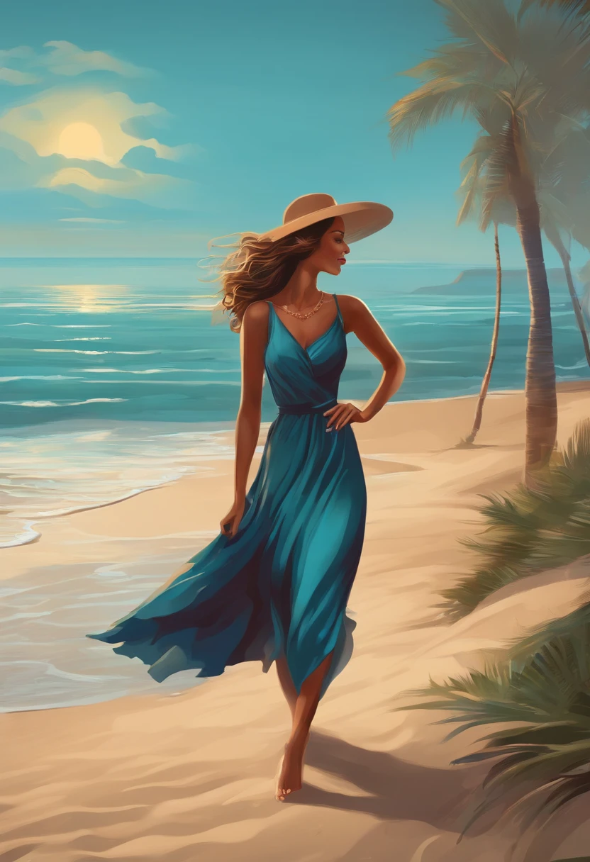 Mulher andando na praia sem roupa cartoon