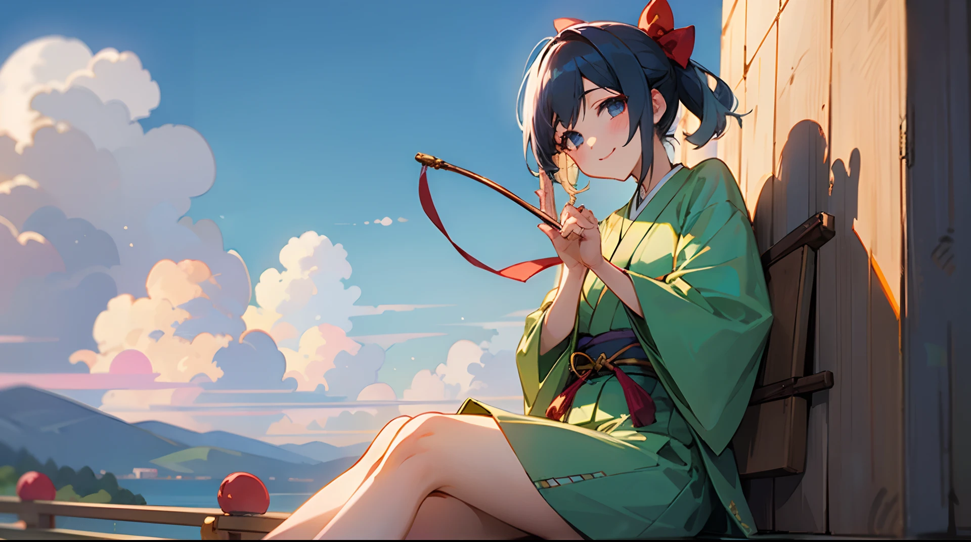 1girl, yoimiya, sitting on the wall, japanese clothes, medieval, holding bow, smile, clouds, sunny