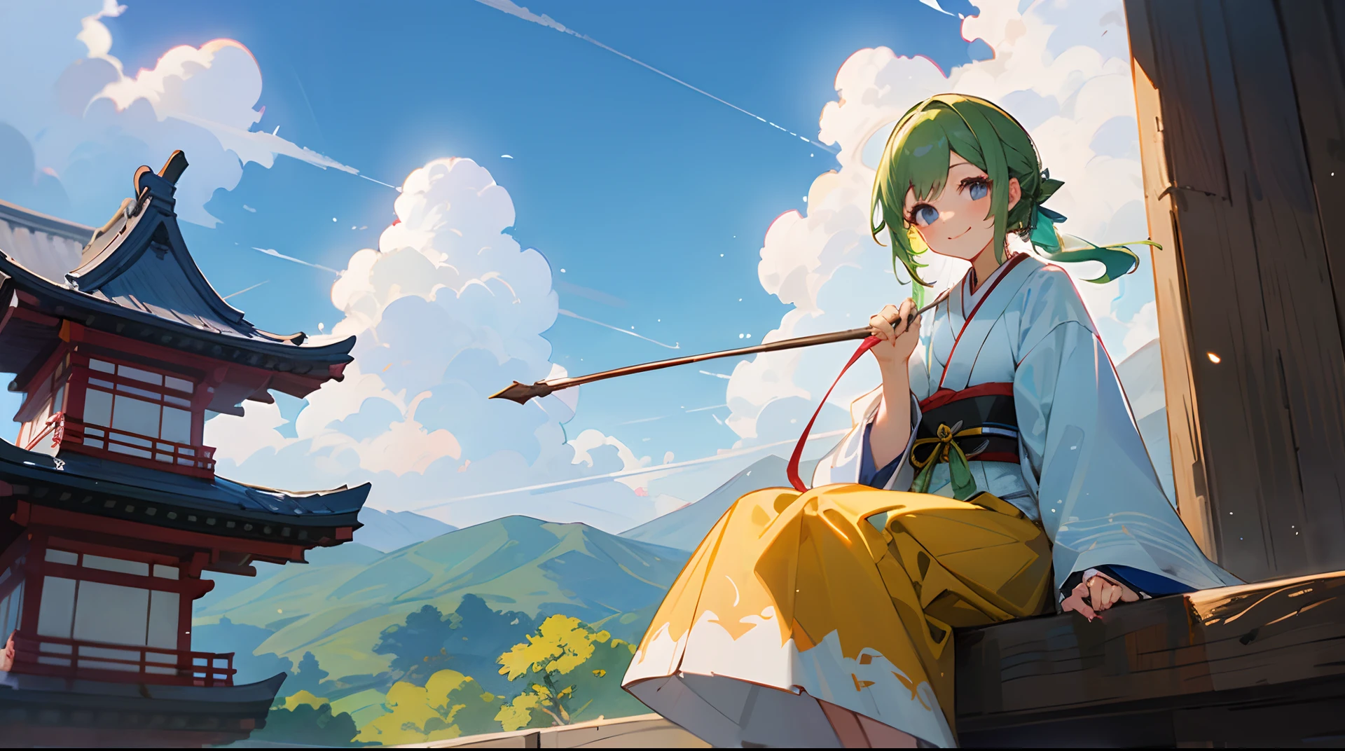 1girl, yoimiya, sitting on the wall, japanese clothes, medieval, holding bow, smile, clouds, sunny