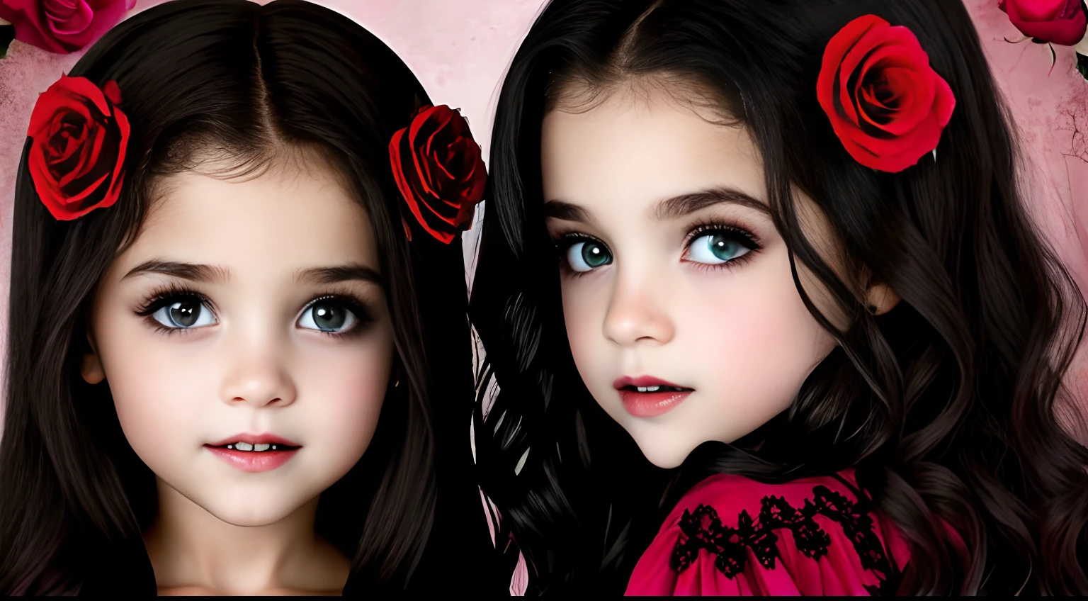 GIRLS VAMPIRE CHILDREN , OLHOS VERMELHOS. E CABELOS RUIVOS, fundo vermelho. Rosas pretas de fundos