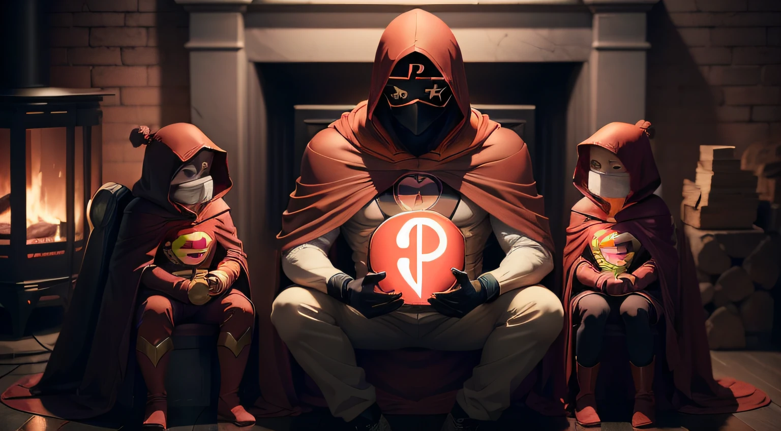 "(((anime, Secret Super Dad))) Secret Super Dad wearing a hood, mask covering his eyes and a red cape, uniform with "P" symbol "P" on the chest, sitting and telling a story to a group of children in normal clothes around a fireplace (sinematographic lighting), (Stunning 8K quality)"