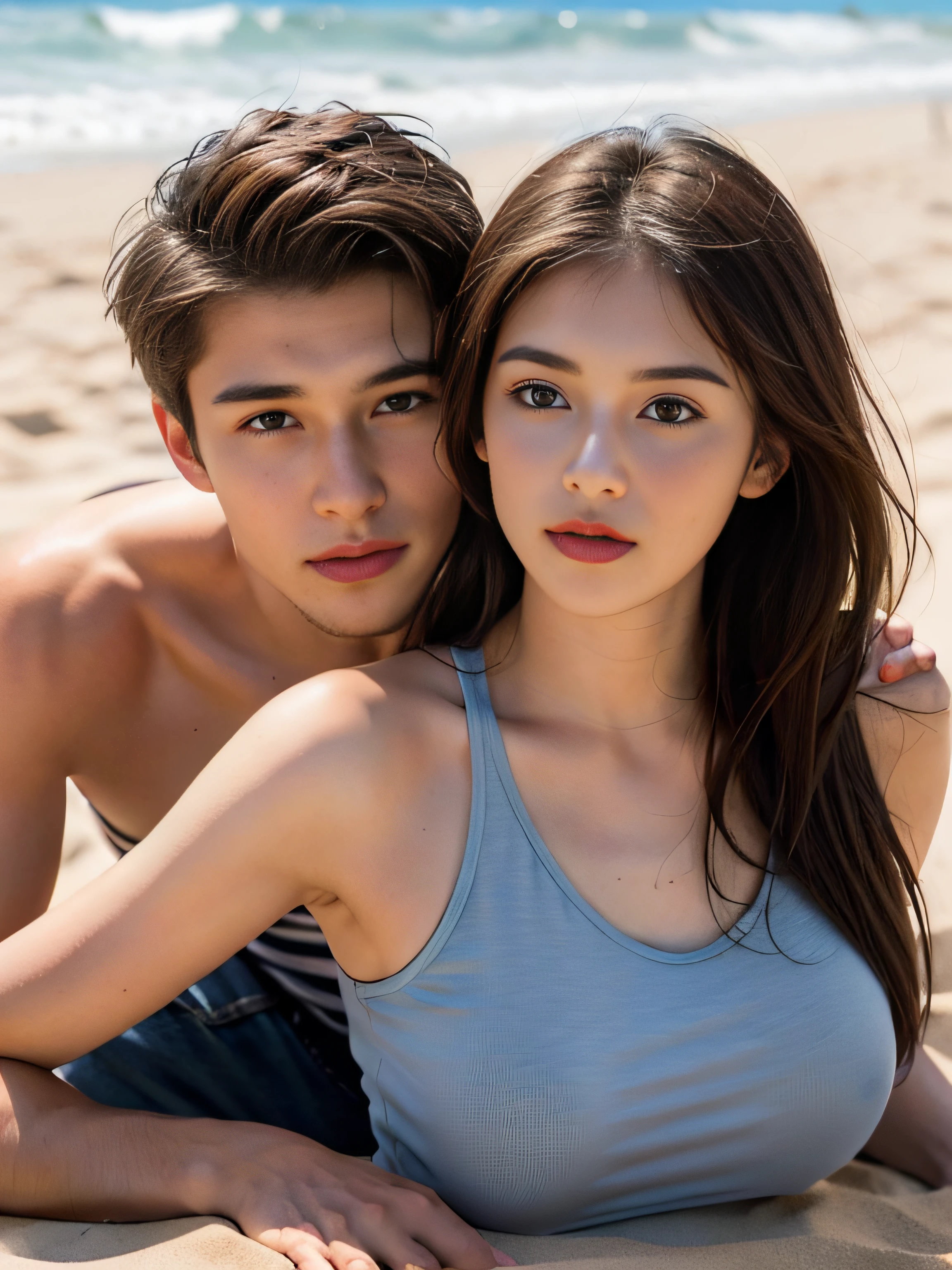 Zoom in on the ultra-realistic face of a handsome 19-year-old American man, and when you zoom out a bit, you can see his girlfriend next to him. Both have Americana characteristics. The couple is lying on the sand, she is stroking his toxax