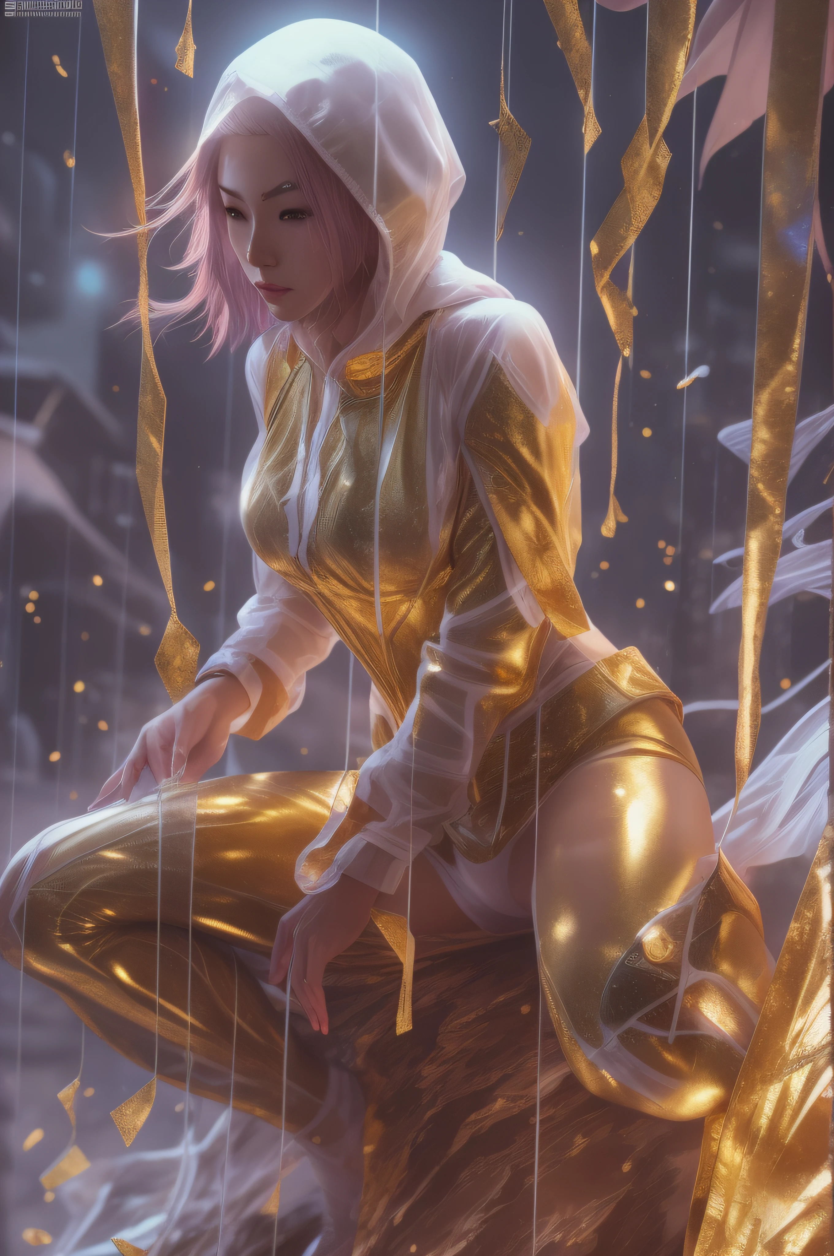 A woman in transparent clothes in gold and white, spider man, drip outfit, heavy rain, magical, highly detailed, trending on artstation, unreal engine 4 k, cinematic wallpaper by stanley artgerm lau, wlop, rossdraws, james jean, andrei riabovitchev, marc simonetti, yoshitaka amano. background by james jean and gustav climbs, light by julie bell, 4k, porcelain skin, style by zdislaw beksinski, detailed, 8k, dynamic exposure, white chromatic aberration, splashy Translated with www.DeepL.com/Translator (free version)