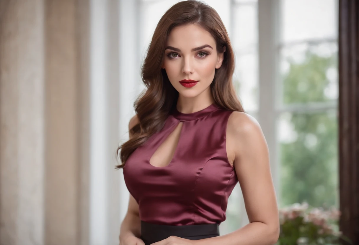 A stunning secrerary wearing high waist pencil skirt and satin blouse, amazing skinny curvy body