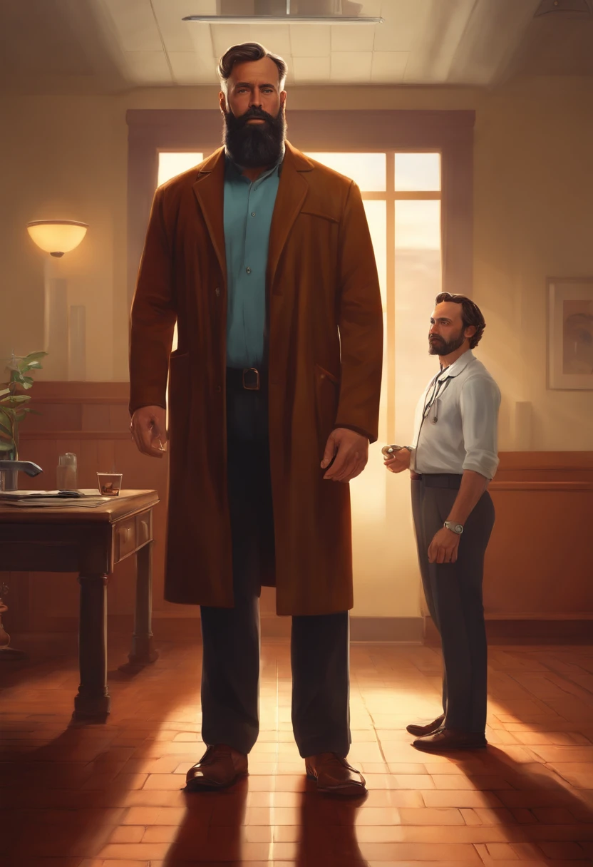 A tall, masculine, bearded man with disproportionately large feet and a slim fit physique stands in front of a middle-aged male doctor, who is noticeably shorter and not wearing shoes, but only socks.