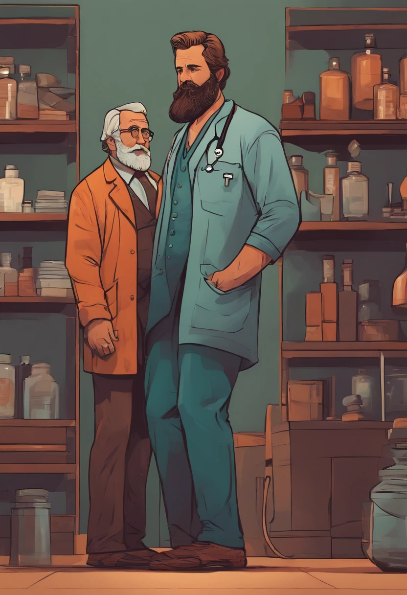 A tall, masculine, bearded man with disproportionately large feet and a slim fit physique stands in front of a middle-aged male doctor, who is noticeably shorter and not wearing shoes, but only socks.