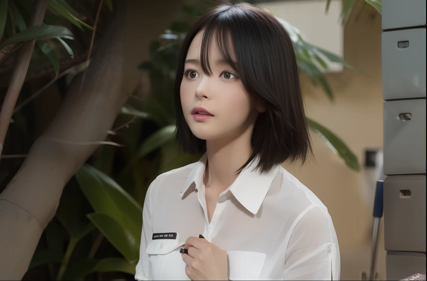 1girl,short hair,black hair, cute,white shirt