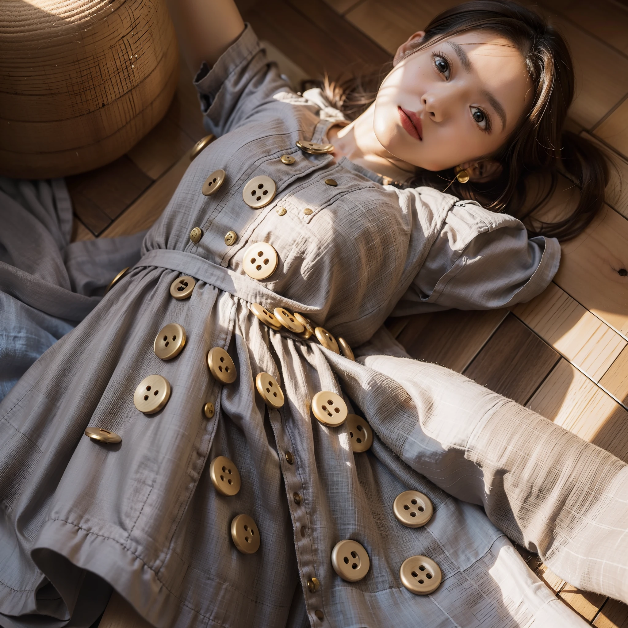 dress is made of wooden buttons, plastic, metal e tecido. The wooden buttons are a shade of light brown, the plastic ones are brightly colored, the metal ones are silver and gold, and those of cloth are of cotton and linen.