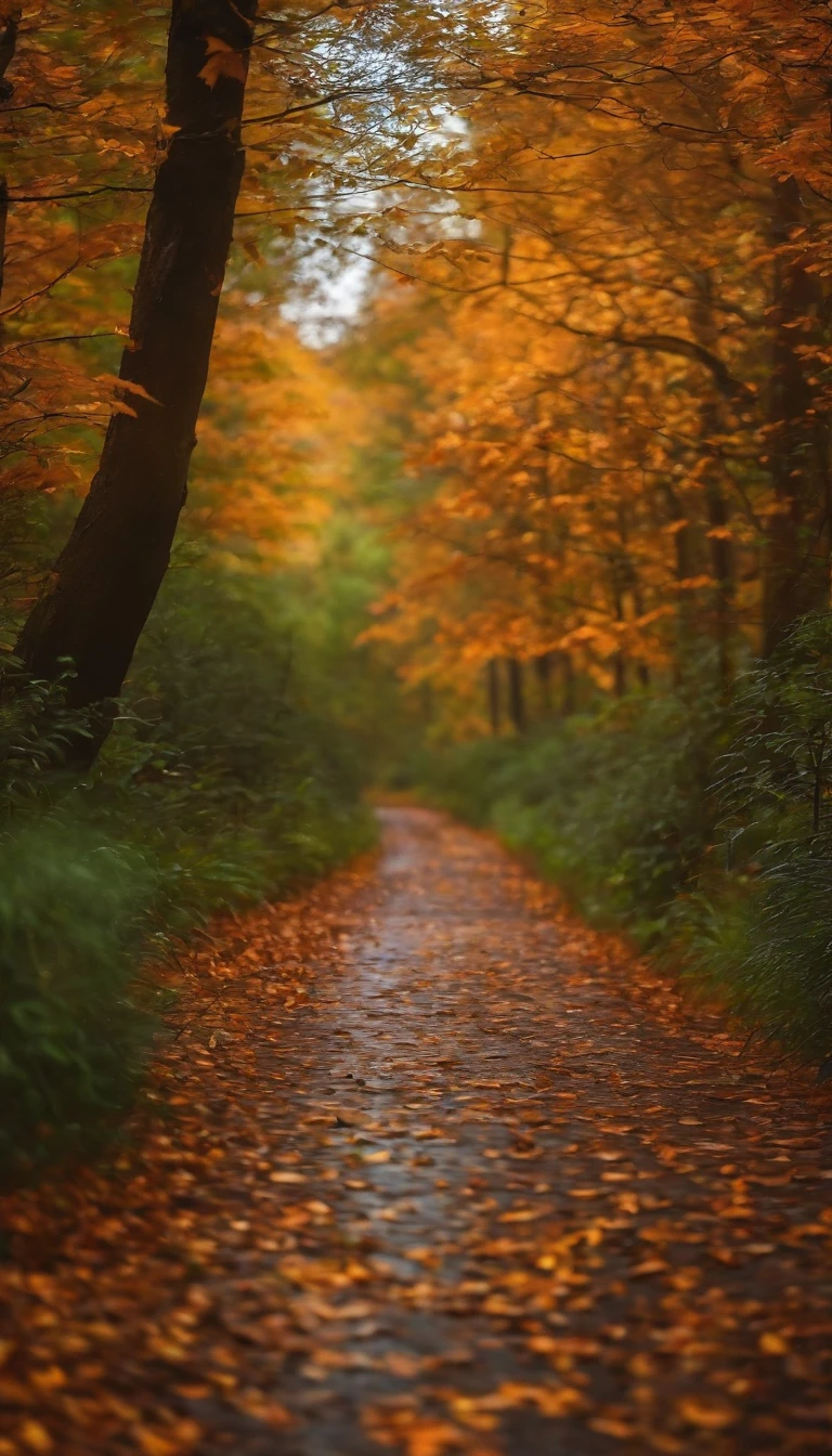 rainy days，Forest Trail，autumn，Falling Leaf