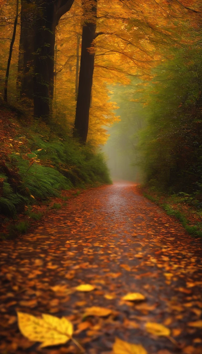 rainy days,Forest Trail,autumn,Falling Leaf
